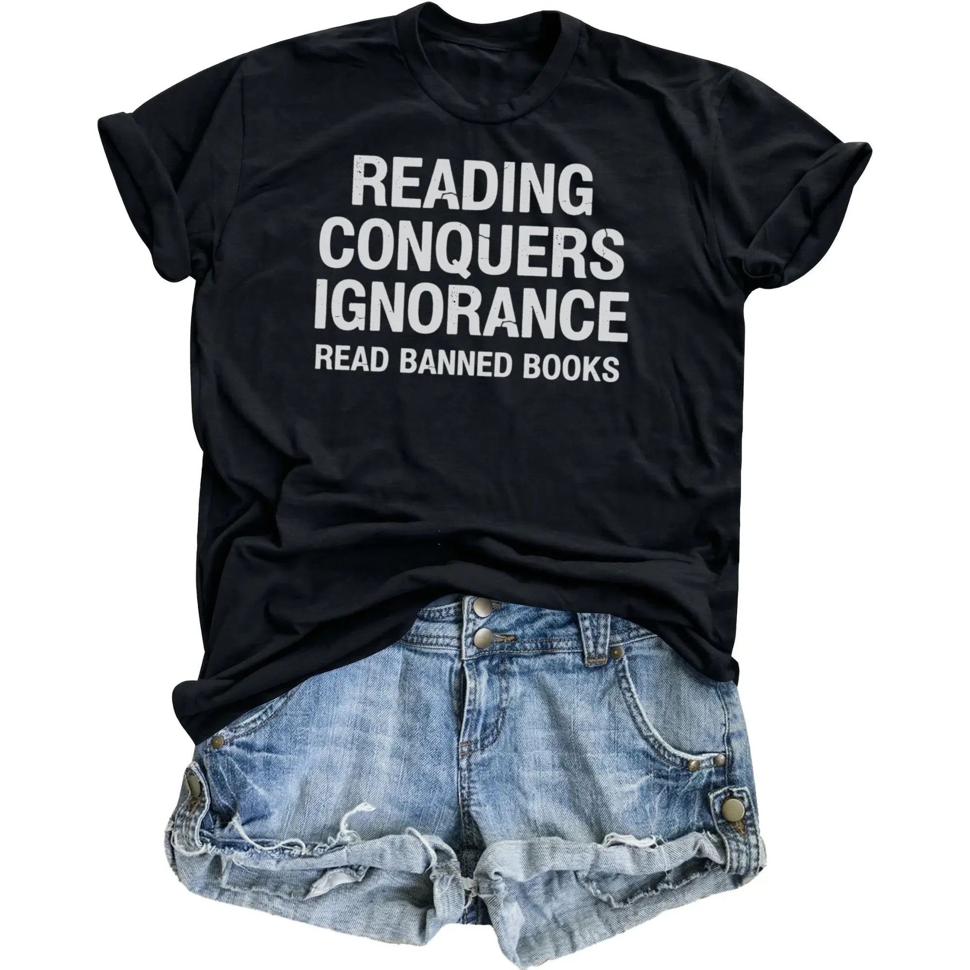 Graphic Tee Reading Conquers Ignorance Unisex T-Shirt Comfortable Cotton Casual Literary Quote Printed Apparel