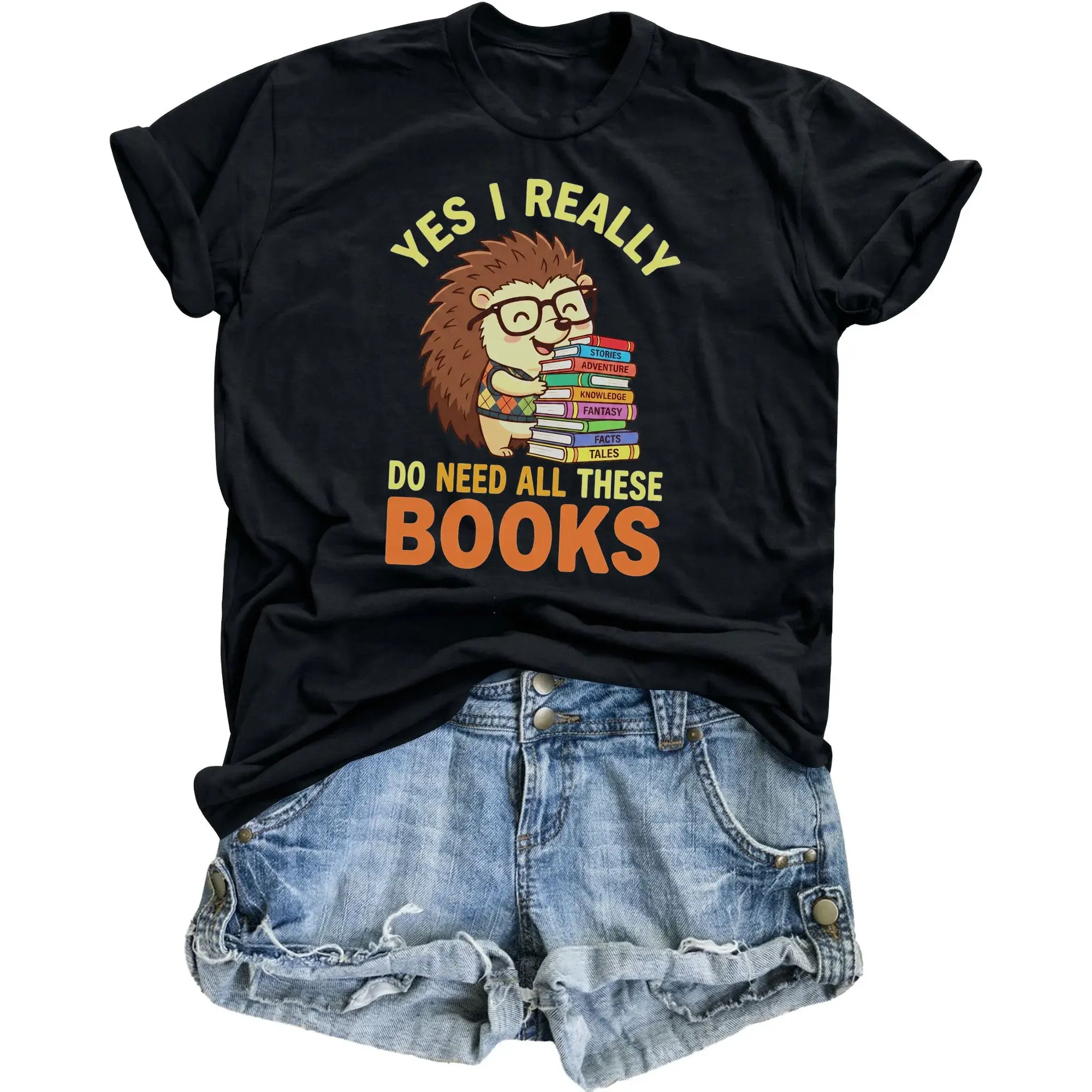 Graphic Tee Funny Hedgehog Reading Lover Shirt Unisex Casual Crew Neck Apparel for Bookworms and Readers