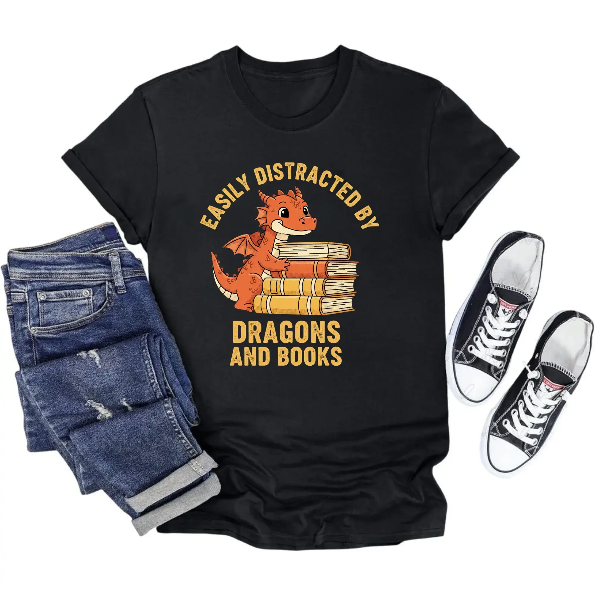 Graphic Tee Easily by Dragons and Books Funny Unisex Crew Neck T-Shirt for Readers Fantasy Enthusiasts