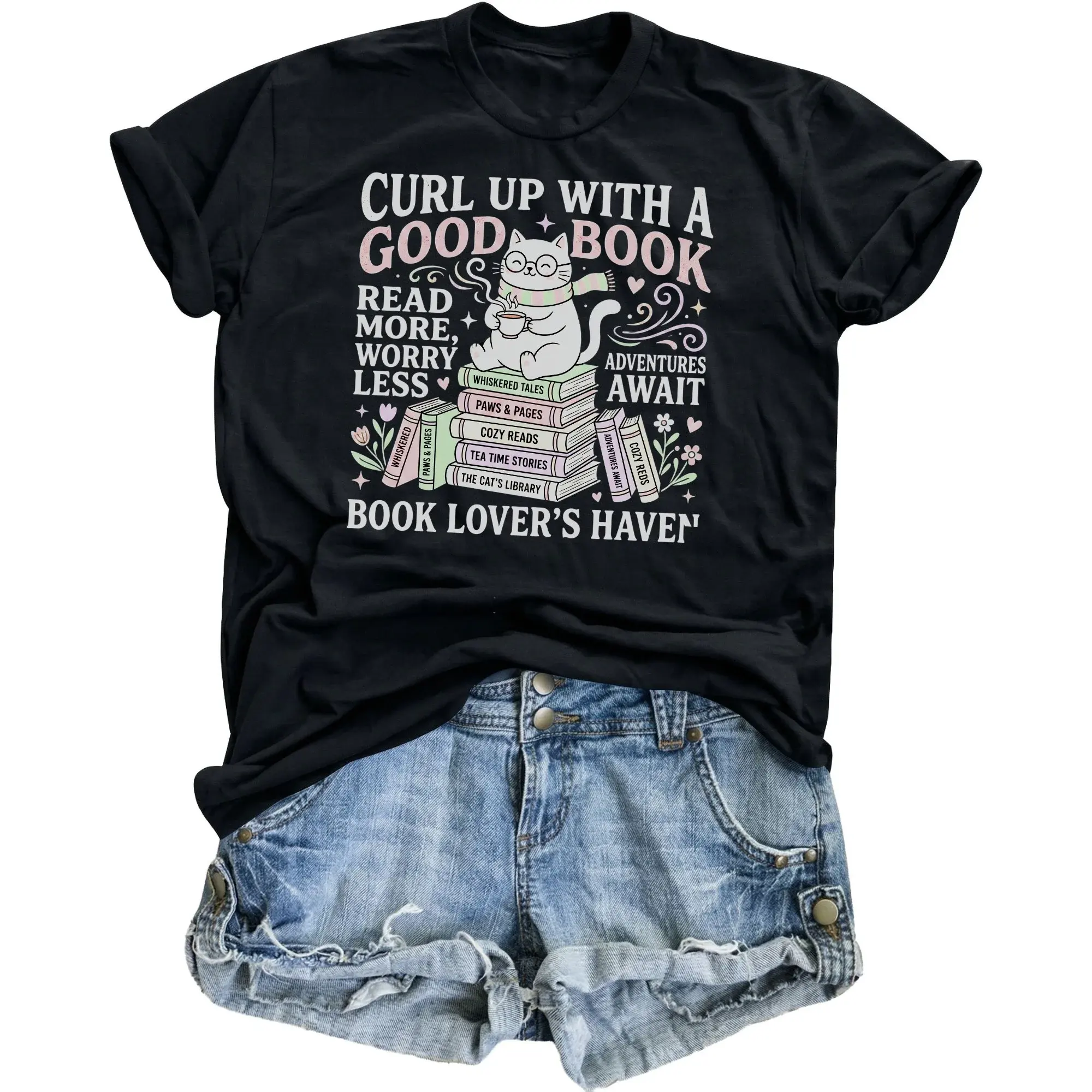 Graphic Tee Book Lover Cat Shirt Unisex Crew Neck Short Sleeve Casual Apparel for Reading Enthusiasts and Hobbyists