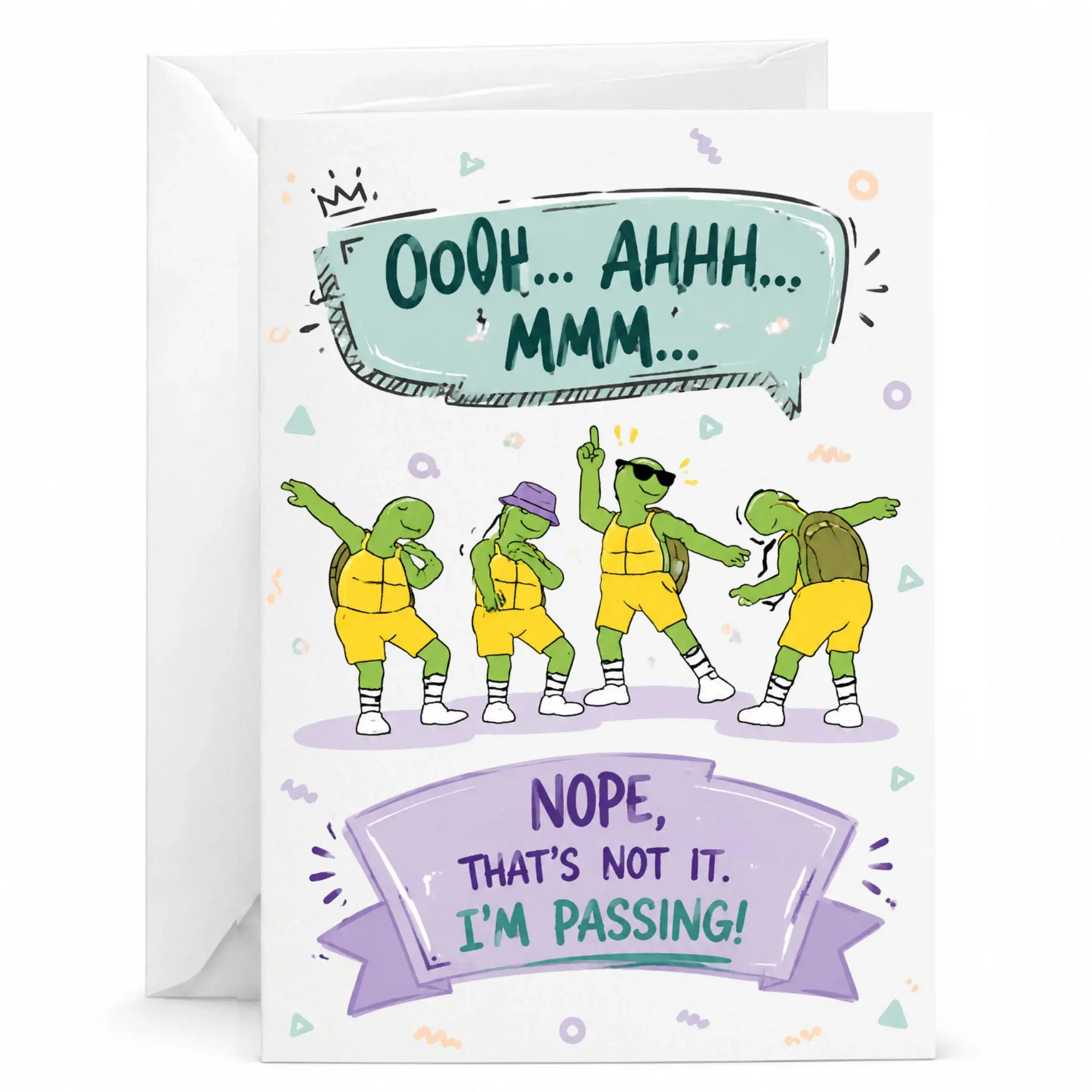 Funny Turtle Greeting Card with Envelope, Dancing Tortoise Humor Stationery for Birthdays and Encouragement