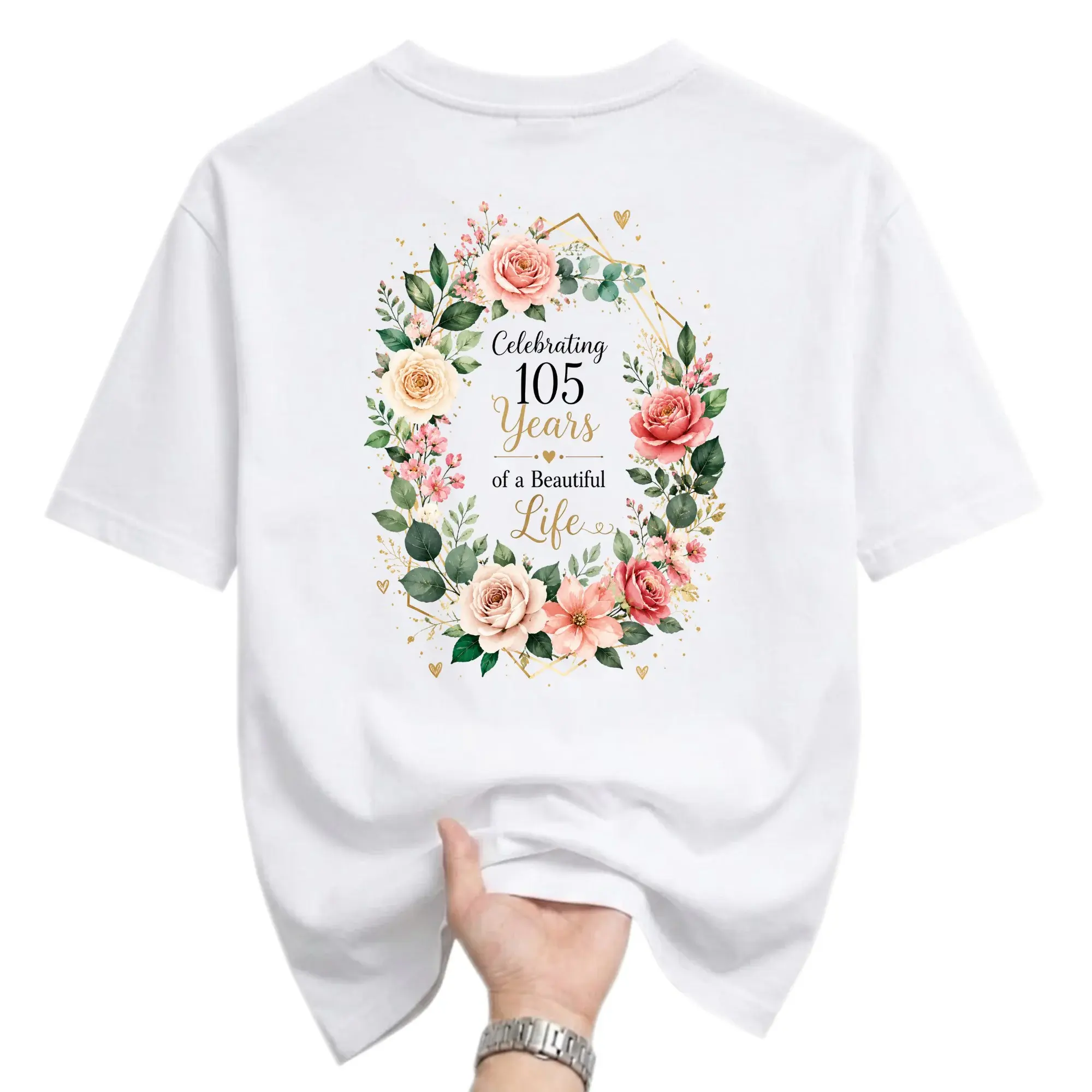 Graphic Tee Celebrating 105 Years of a Beautiful Life Floral Wreath Unisex Casual Crew Neck Anniversary Shirt