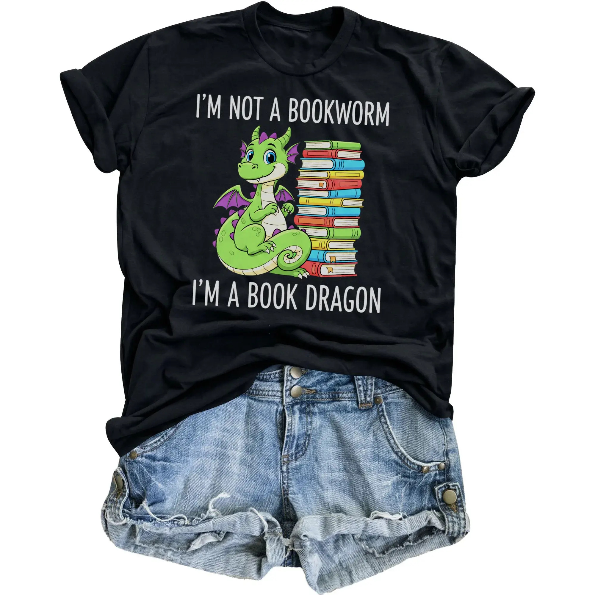 Funny Graphic Tee Book Dragon Unisex T-Shirt Reading Lover Humor Casual Cotton Short Sleeve Crew Neck