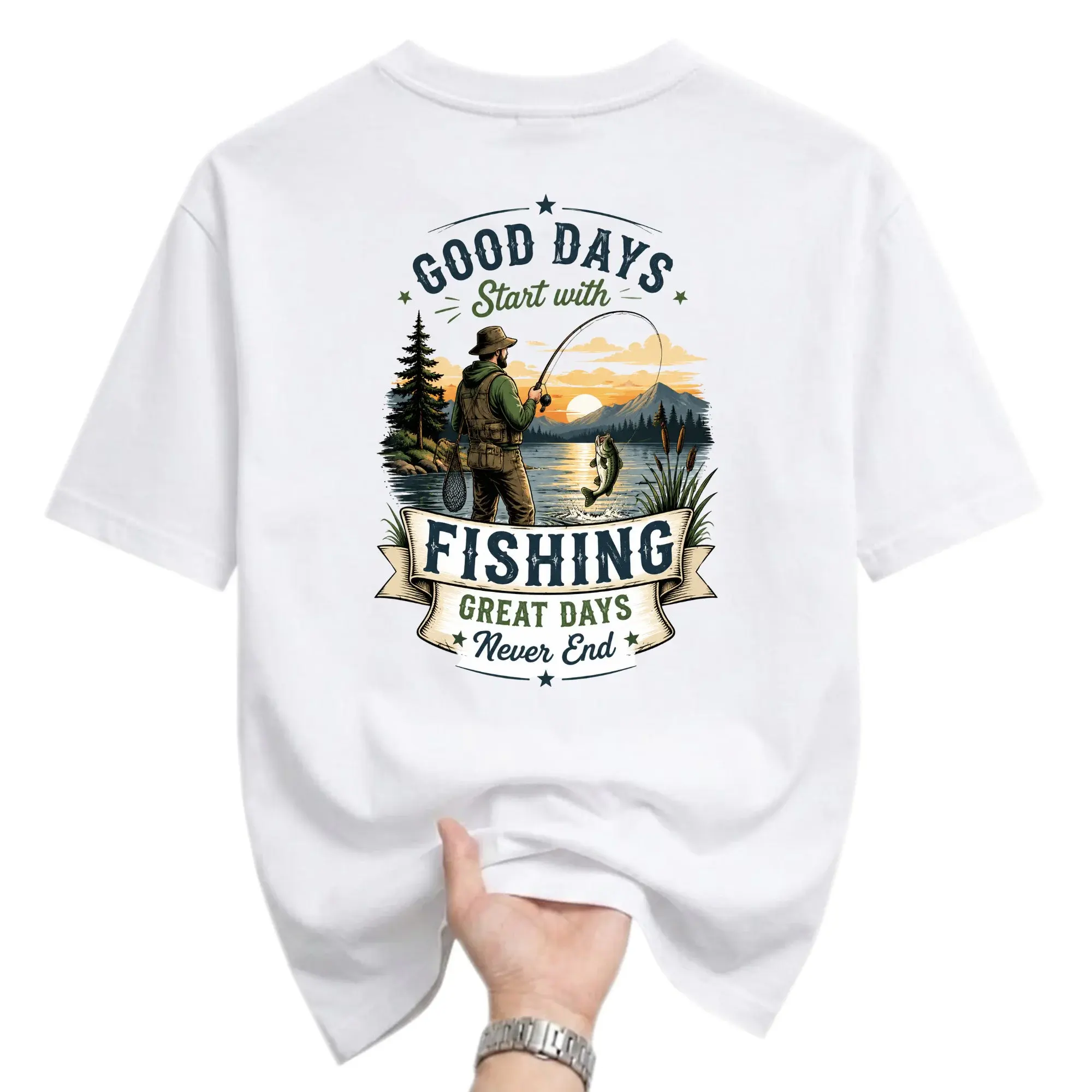 Graphic Tee Good Days Start with Fishing Lover Outdoors Enthusiast Casual Short Sleeve Unisex Cotton T-Shirt