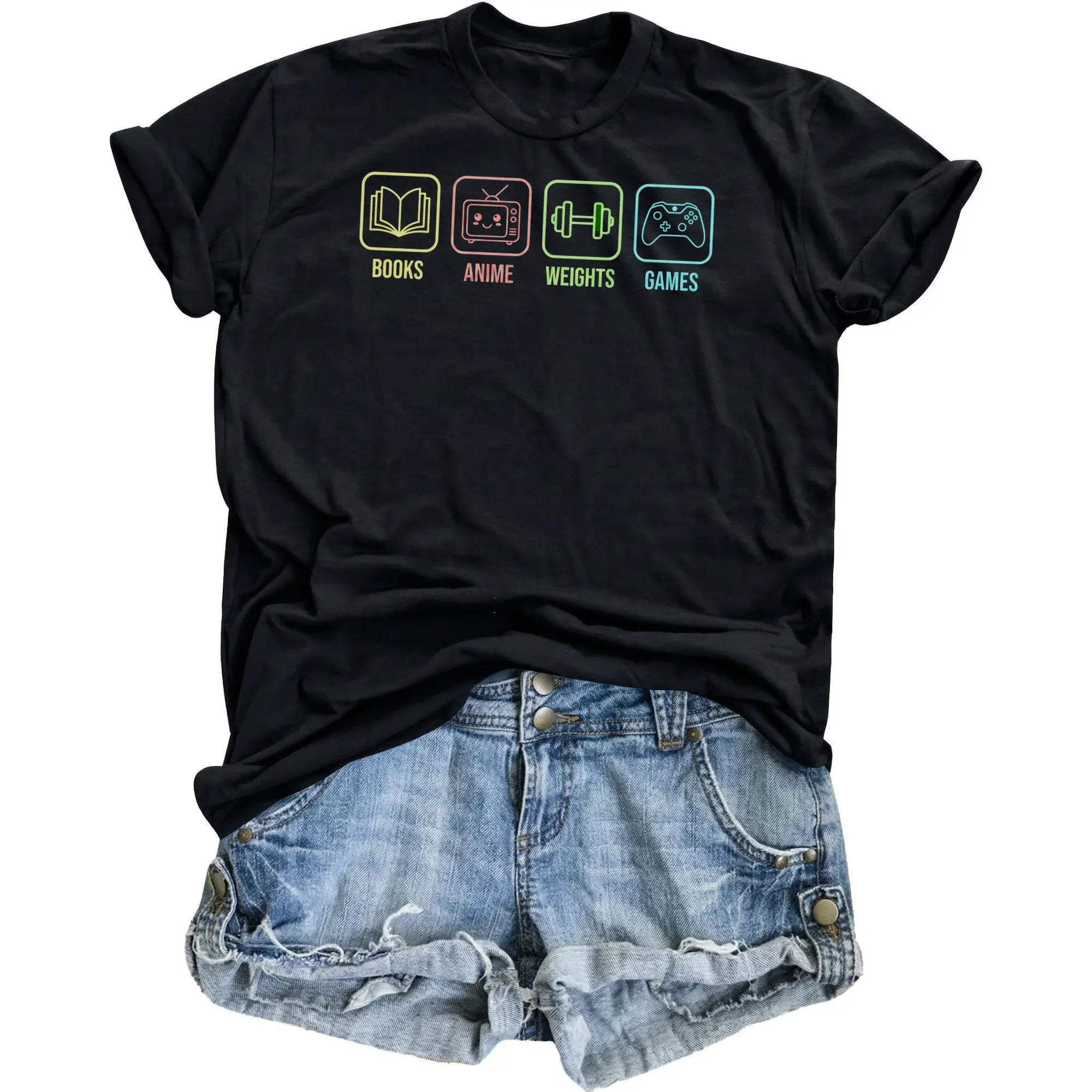 Graphic Tee Unisex Crew Neck Shirt Featuring Books Anime Weights and Games Interest Icons for Casual Daily Outfits
