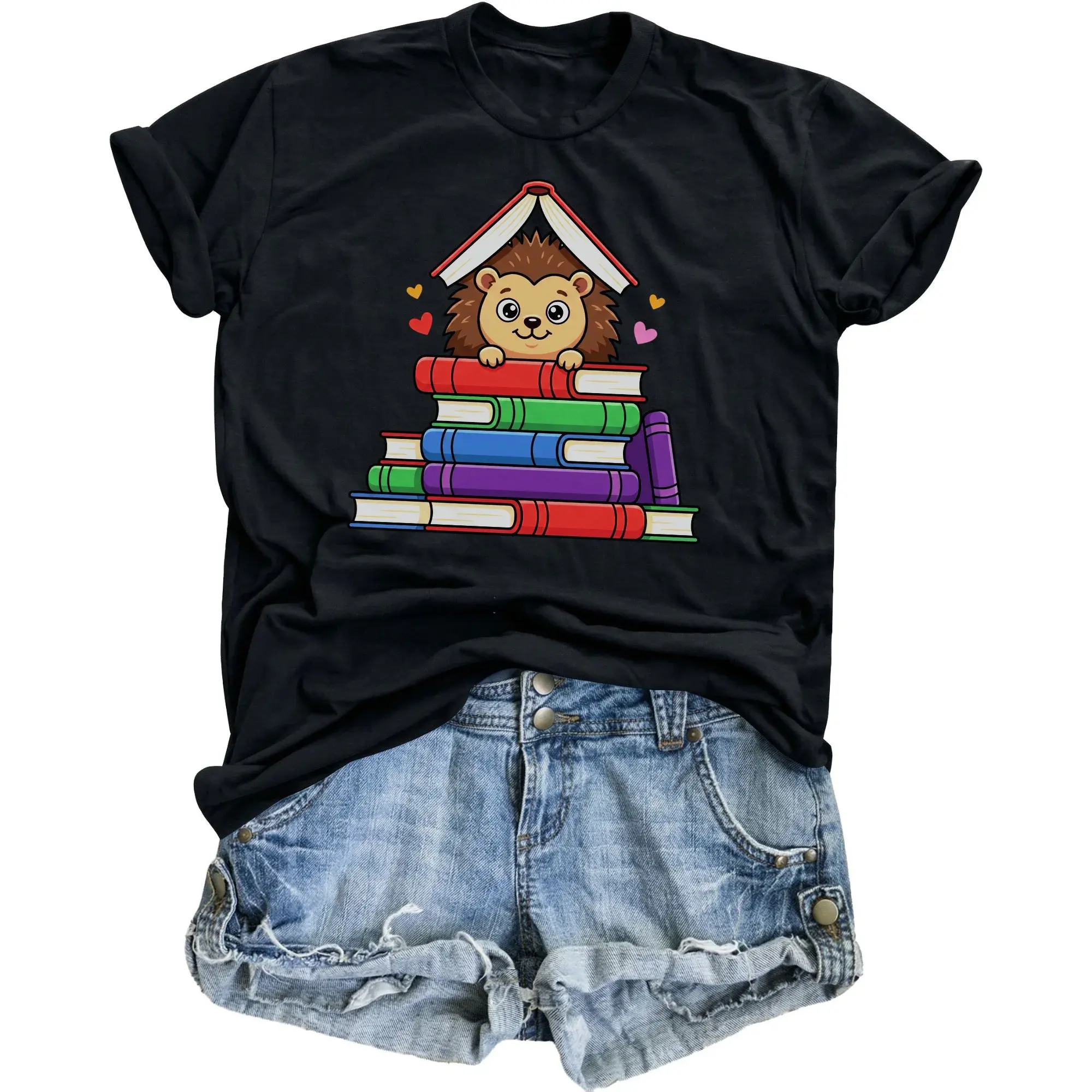 Graphic Tee Unisex Crew Neck T-Shirt Featuring Cute Hedgehog Resting on a Colorful of Books Illustration