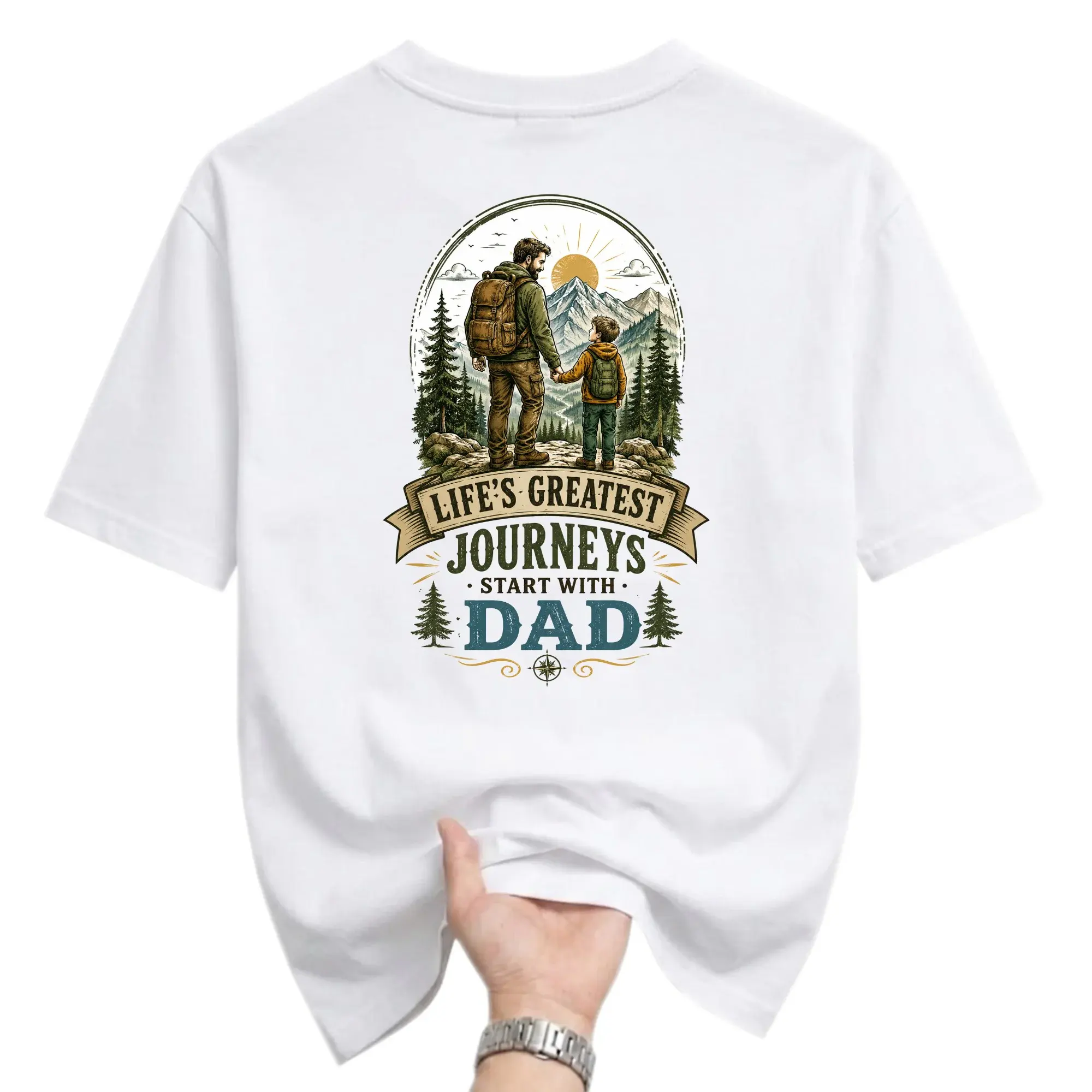 Graphic Tee Life's Greatest Journeys Start with Dad Hiking Adventure Unisex Crew Neck Short Sleeve Shirt