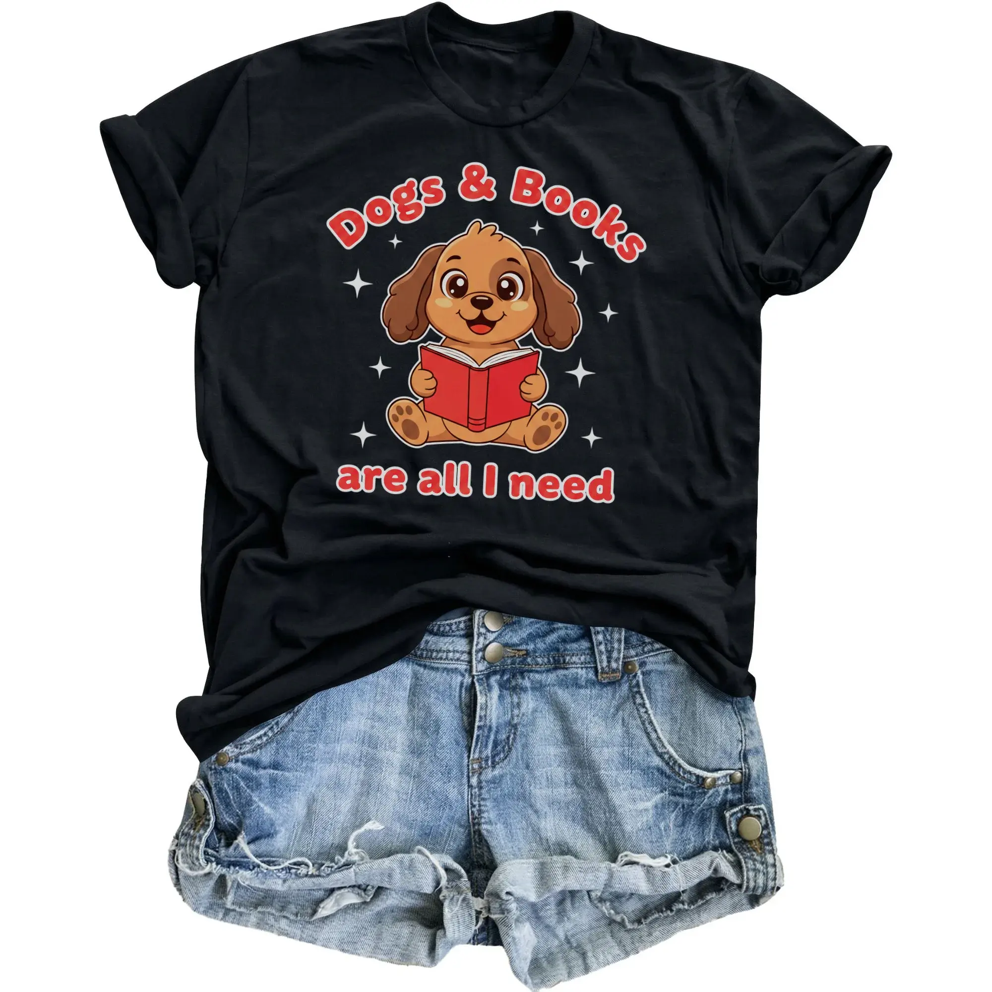 Graphic Tee Are All I Need Cute Reading Puppy Illustration Unisex Casual Crew Neck Soft Cotton Shirt
