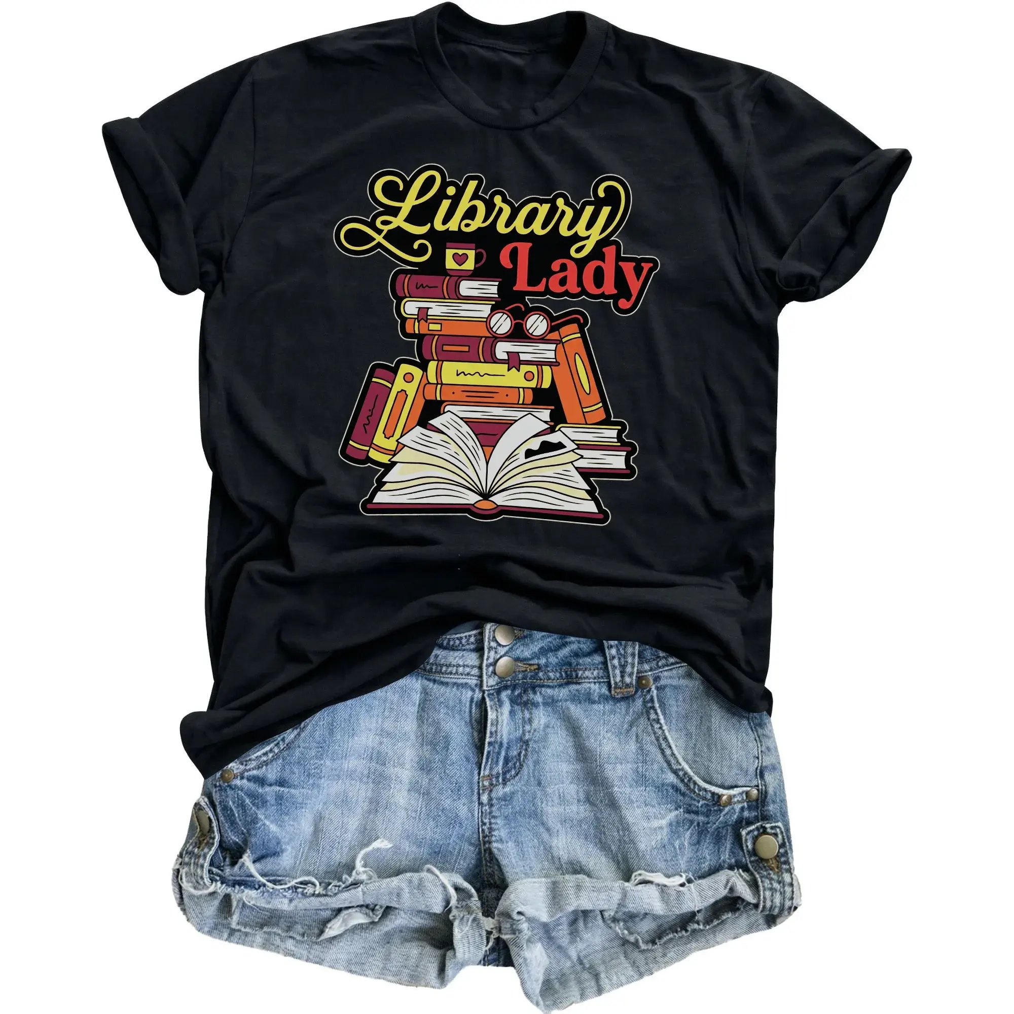 Graphic Tee Library Lady Shirt Book Lover Gift Unisex Crew Neck Casual Everyday Wear Soft Cotton Blend Black