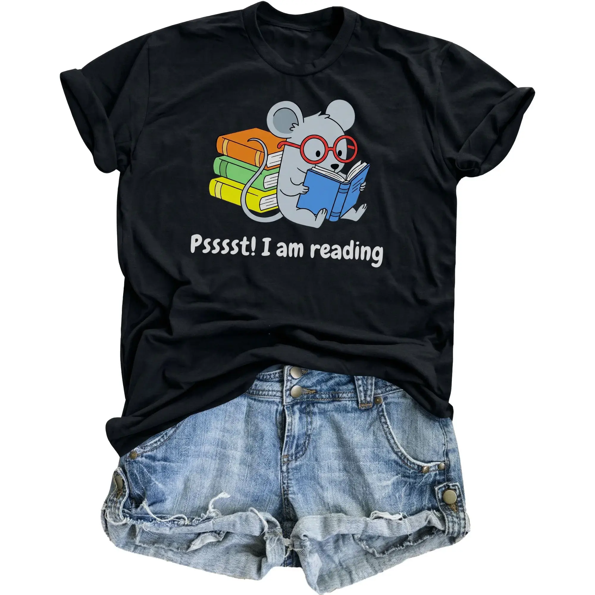Graphic Tee Psssst I Am Reading Funny Bookworm Mouse Illustration Unisex Crew Neck Short Sleeve Cotton T-Shirt Top