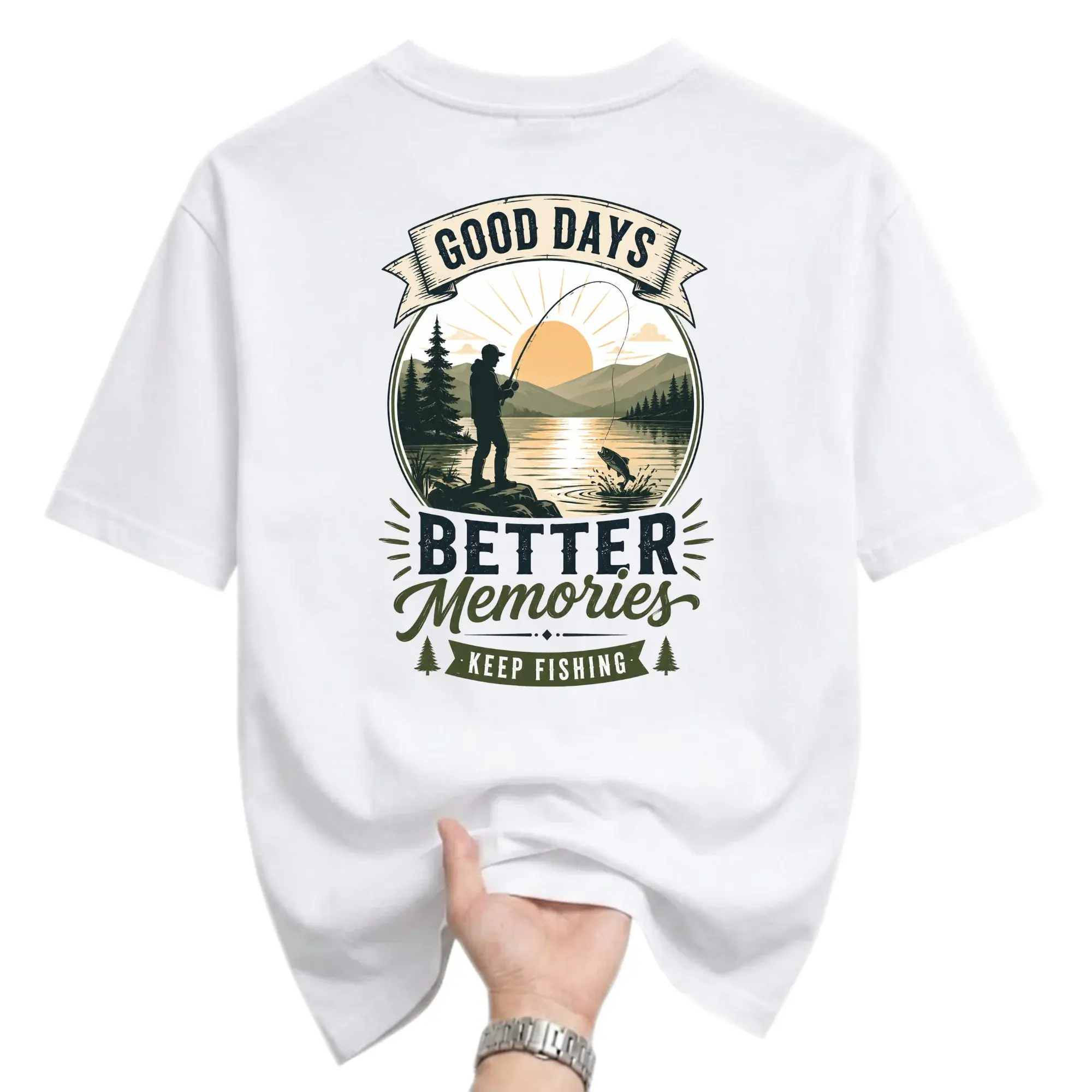 Graphic Tee Fishing Design Good Days Better Memories Unisex Crew Neck T-Shirt Outdoor Adventure Style Apparel