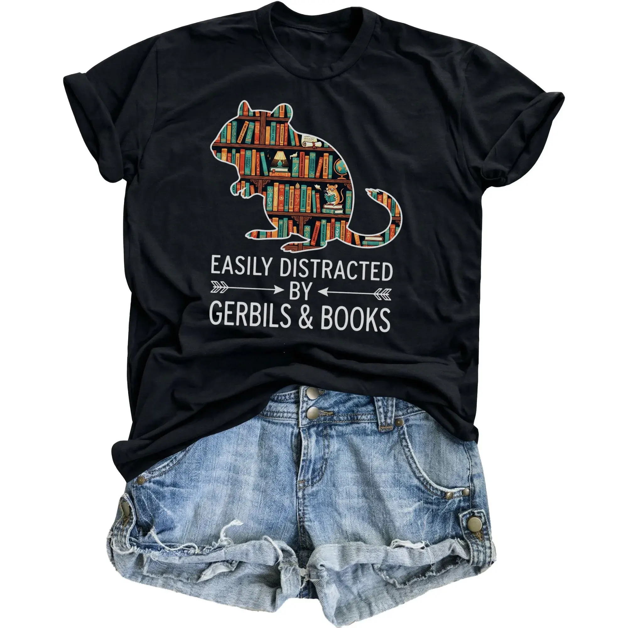 Funny Gerbil Graphic Tee Shirt Easily by Books Lover Unisex Casual Short Sleeve Crew Neck Cotton Top