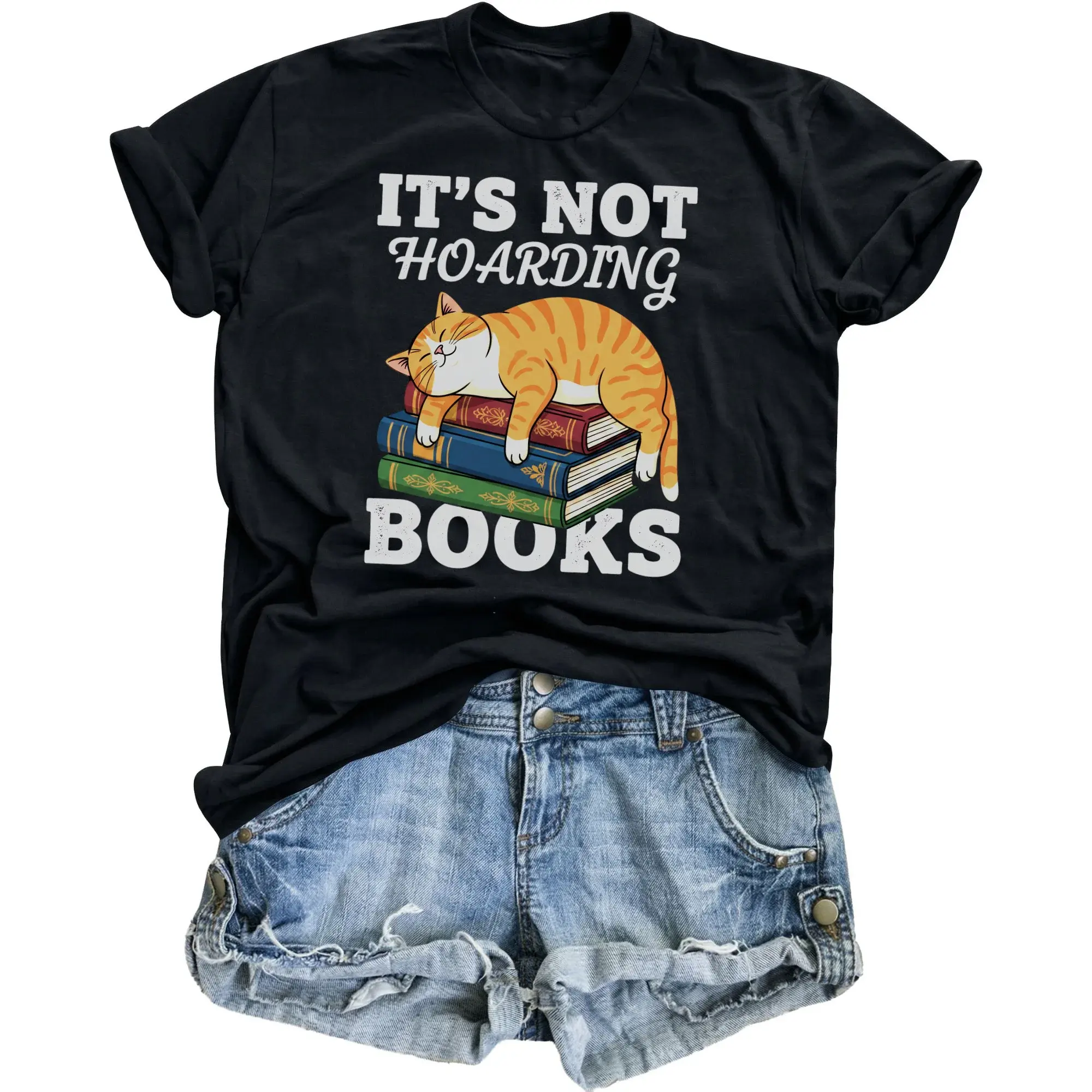 Funny Shirt for Book Lovers Featuring a Cute Orange Tabby Cat Sleeping on a of Colorful Hardcover Books