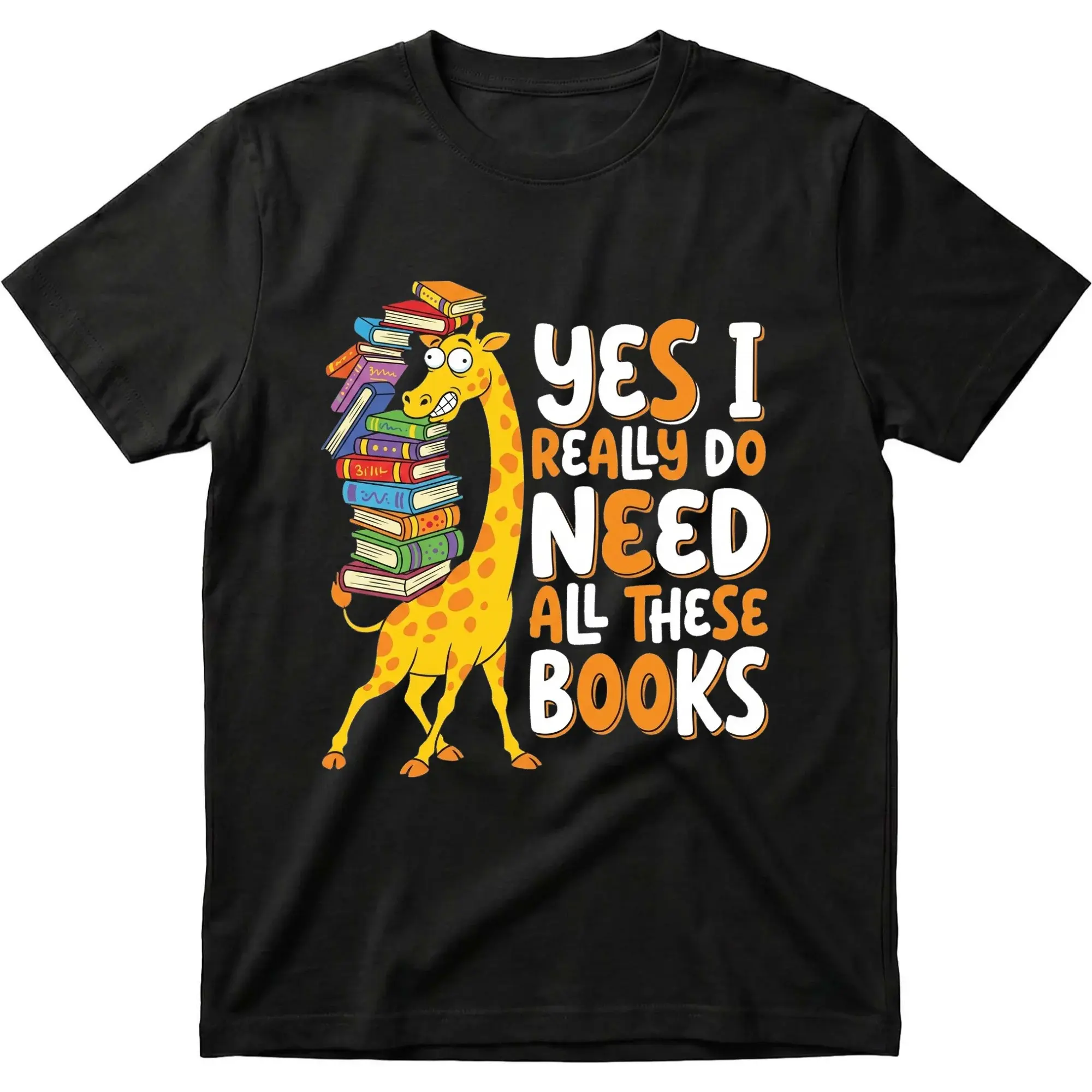 Graphic Tee Unisex Funny Book Lover Shirt for Readers Featuring a Cute Giraffe Carrying a Large of Books