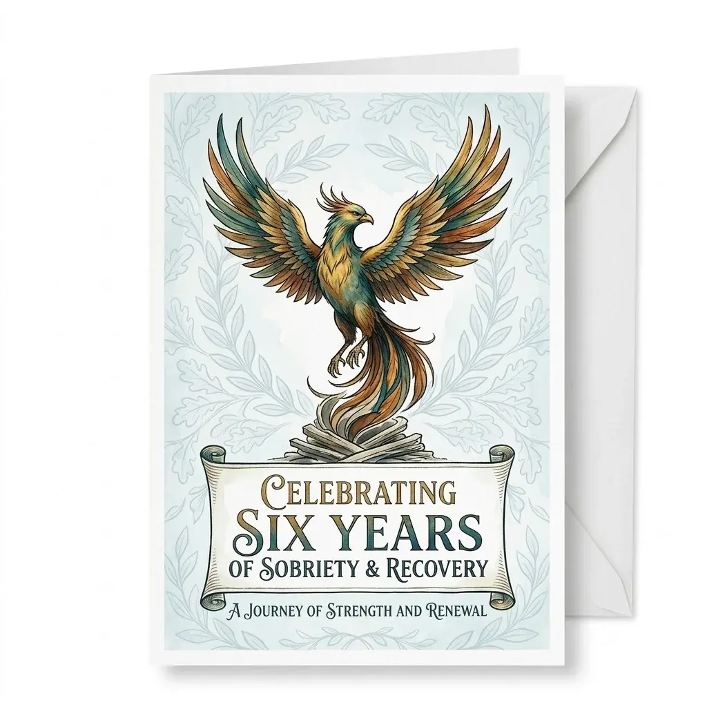 Phoenix Sobriety and Recovery Greeting Card - Six Year Anniversary, 5x7 Inch Folded Card with Envelope