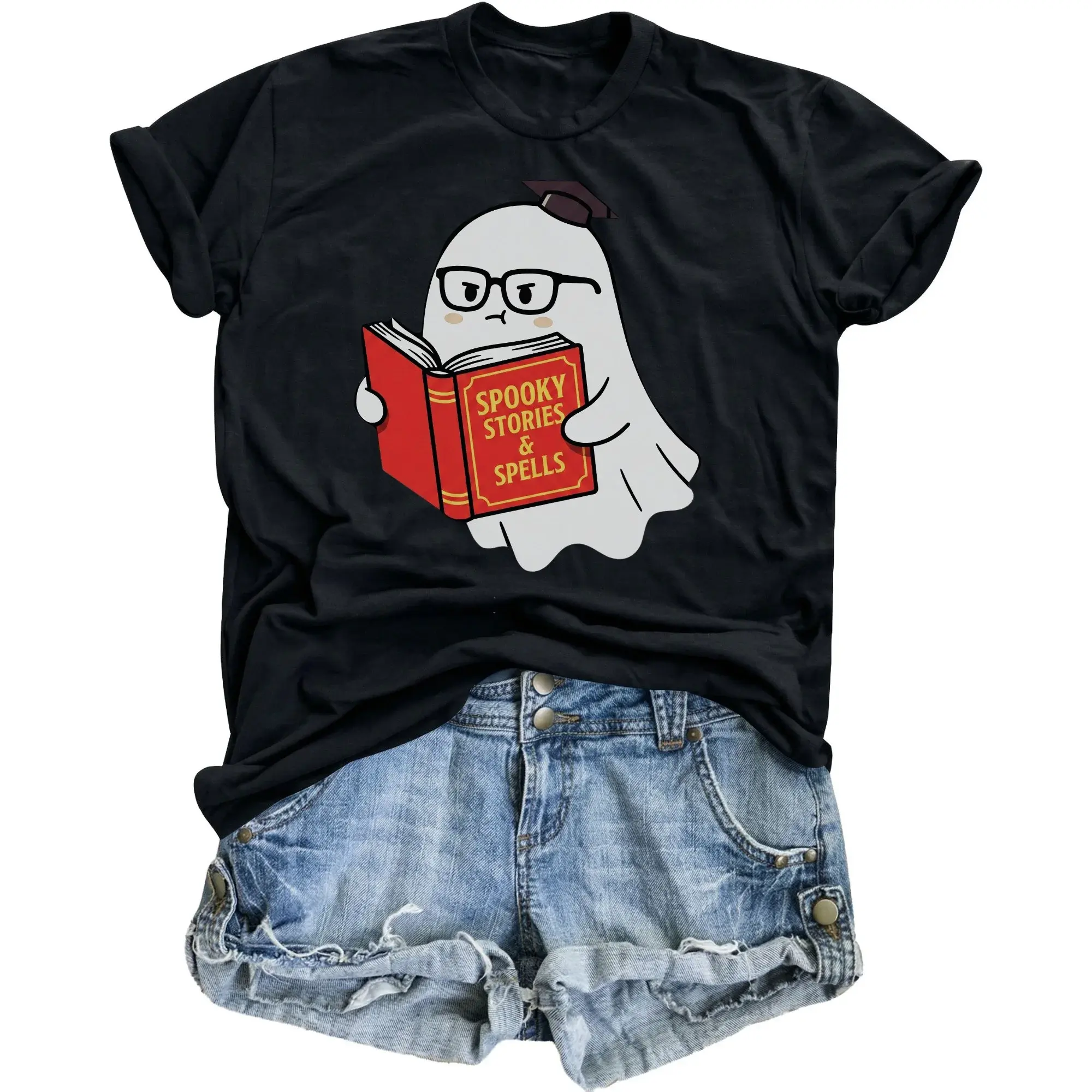 Funny Ghost Graphic Tee Scholarly Reading Spooky Stories and Spells Print Unisex Casual Short Sleeve Cotton Shirt