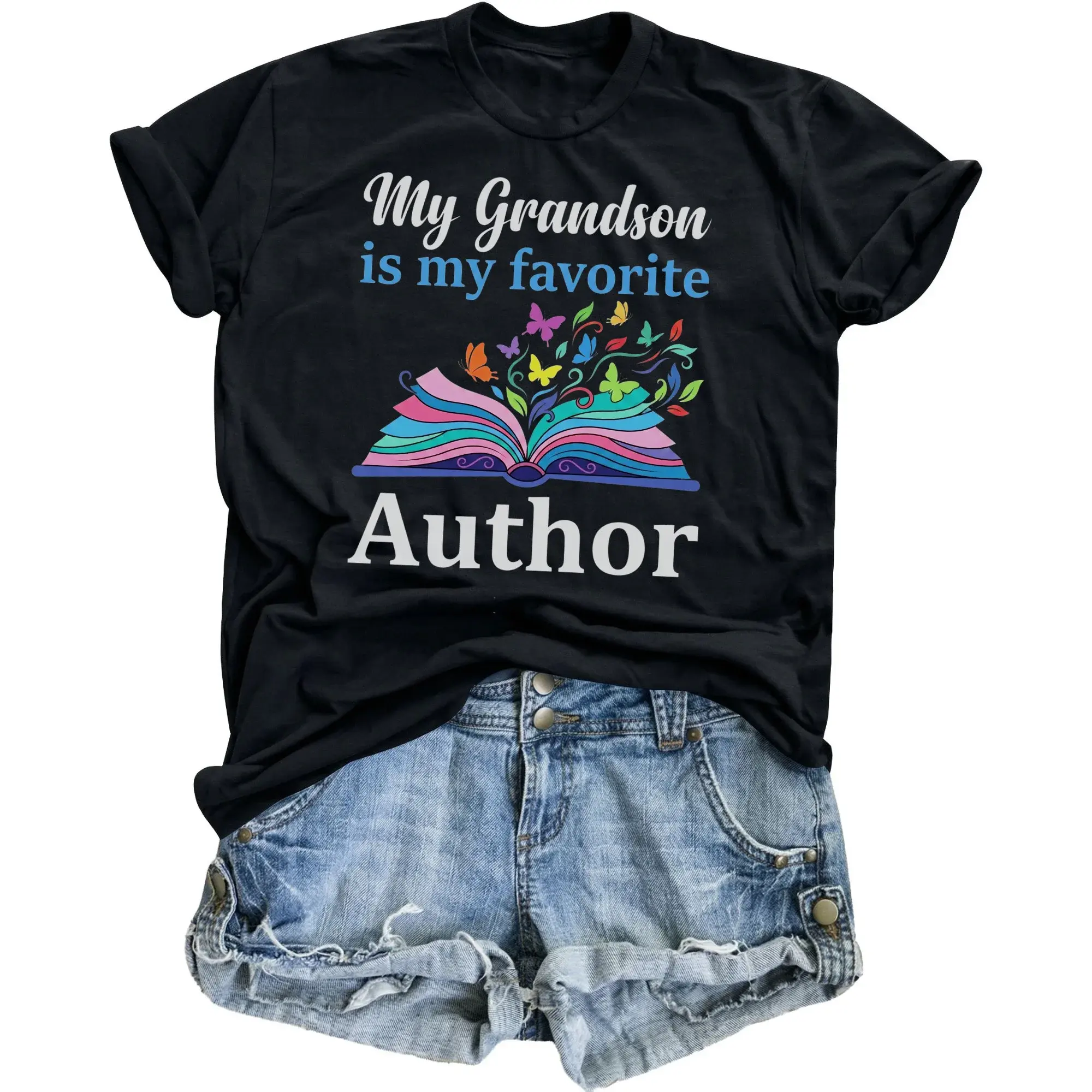 Graphic Tee My Grandson Is My Favorite Author Print Casual Unisex Crew Neck Short Sleeve Shirt for Everyday Wear