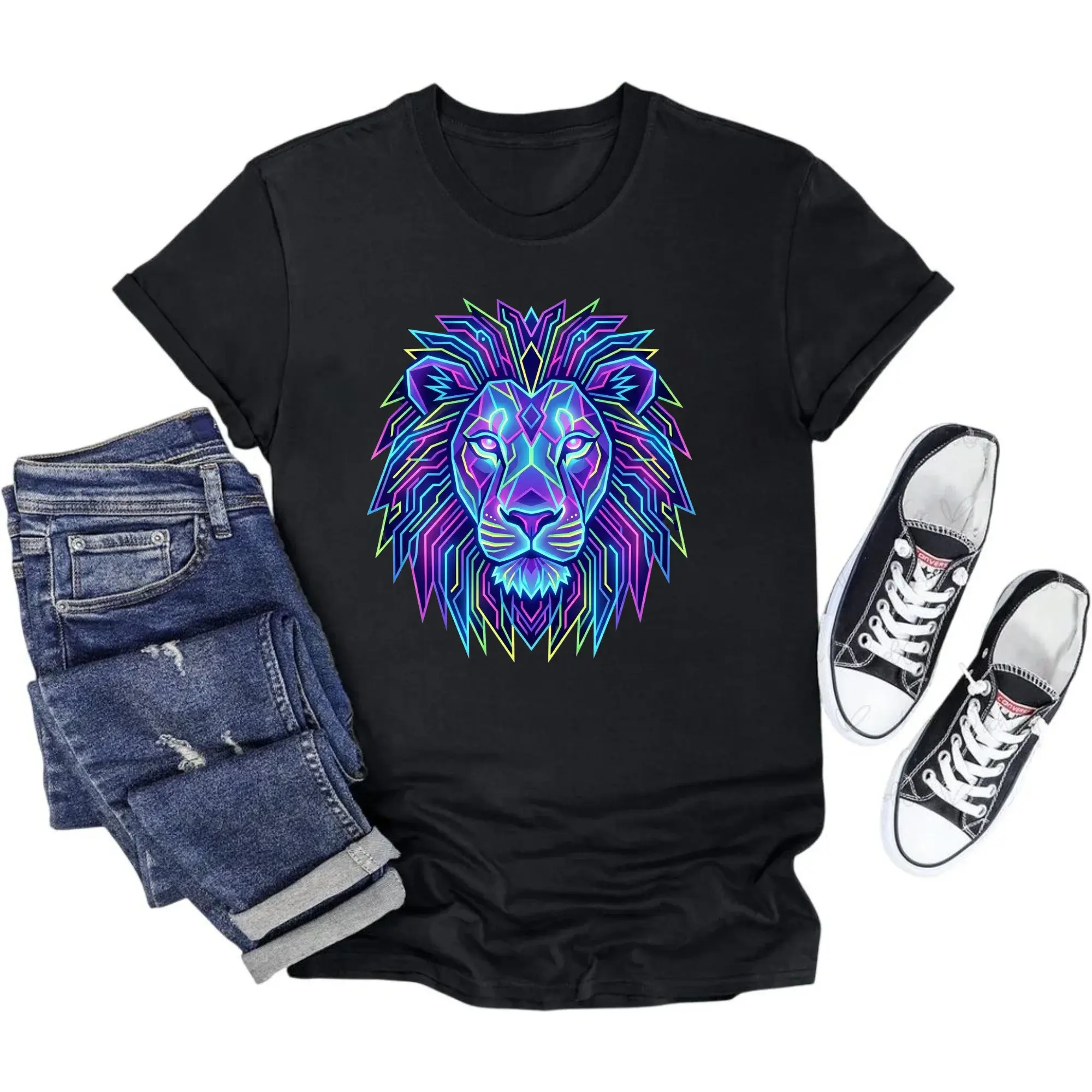 Graphic Tee Unisex Crew Neck T-Shirt Featuring Geometric Neon Lion Illustration for Everyday Casual Wear