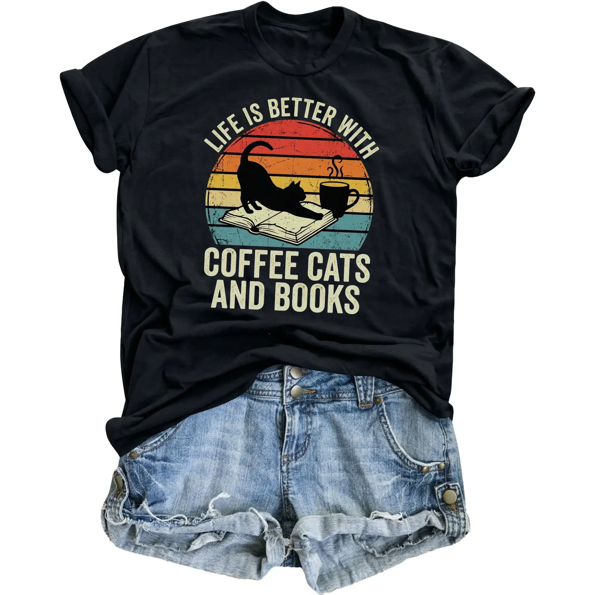 Graphic Tee Is Better with Coffee Cats and Books Unisex T-Shirt Retro Style Apparel for Everyday Casual Wear