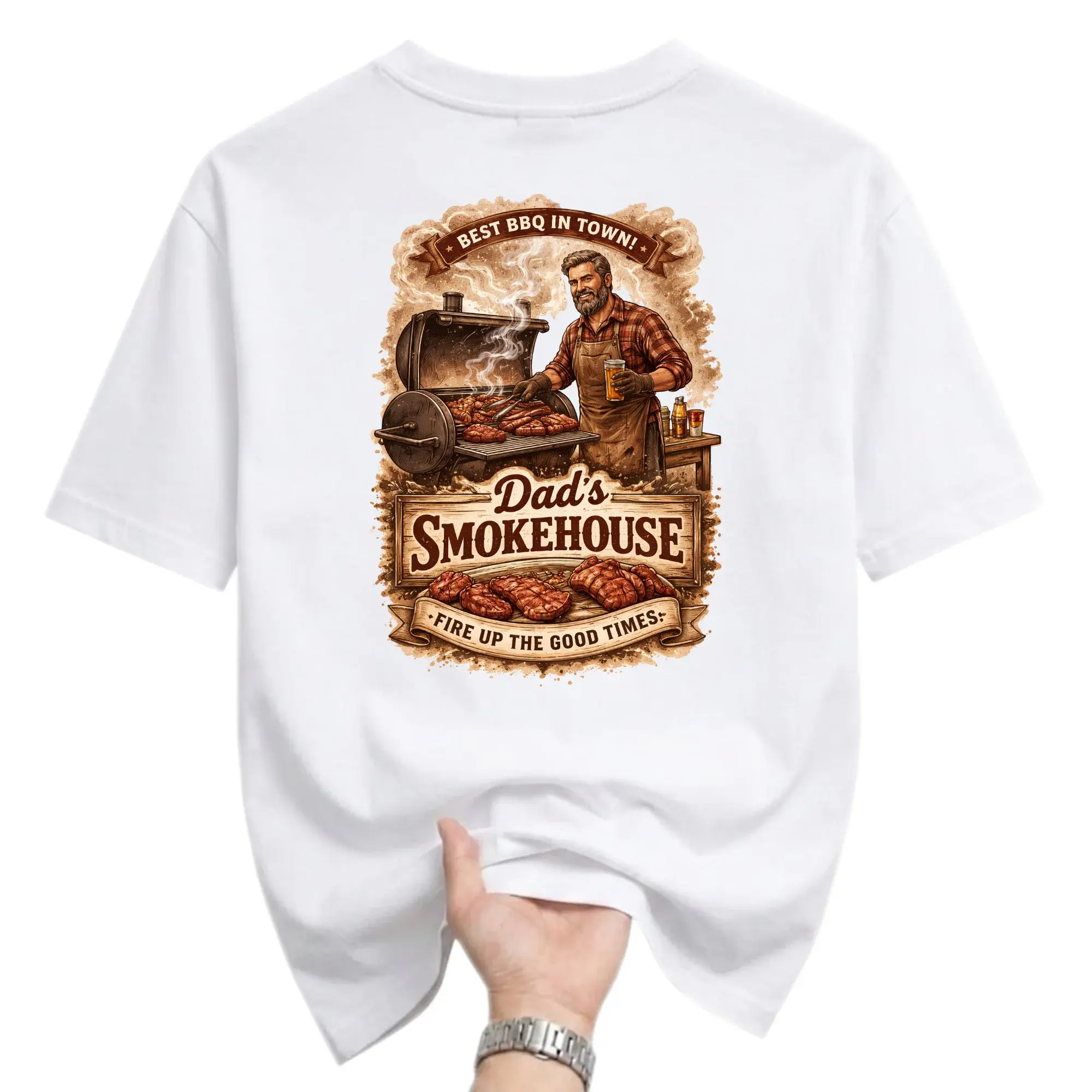 Funny Shirt Dad's Smokehouse Graphic Tee Unisex Crew Neck Casual Everyday Wear Barbecue Theme Printed T-Shirt