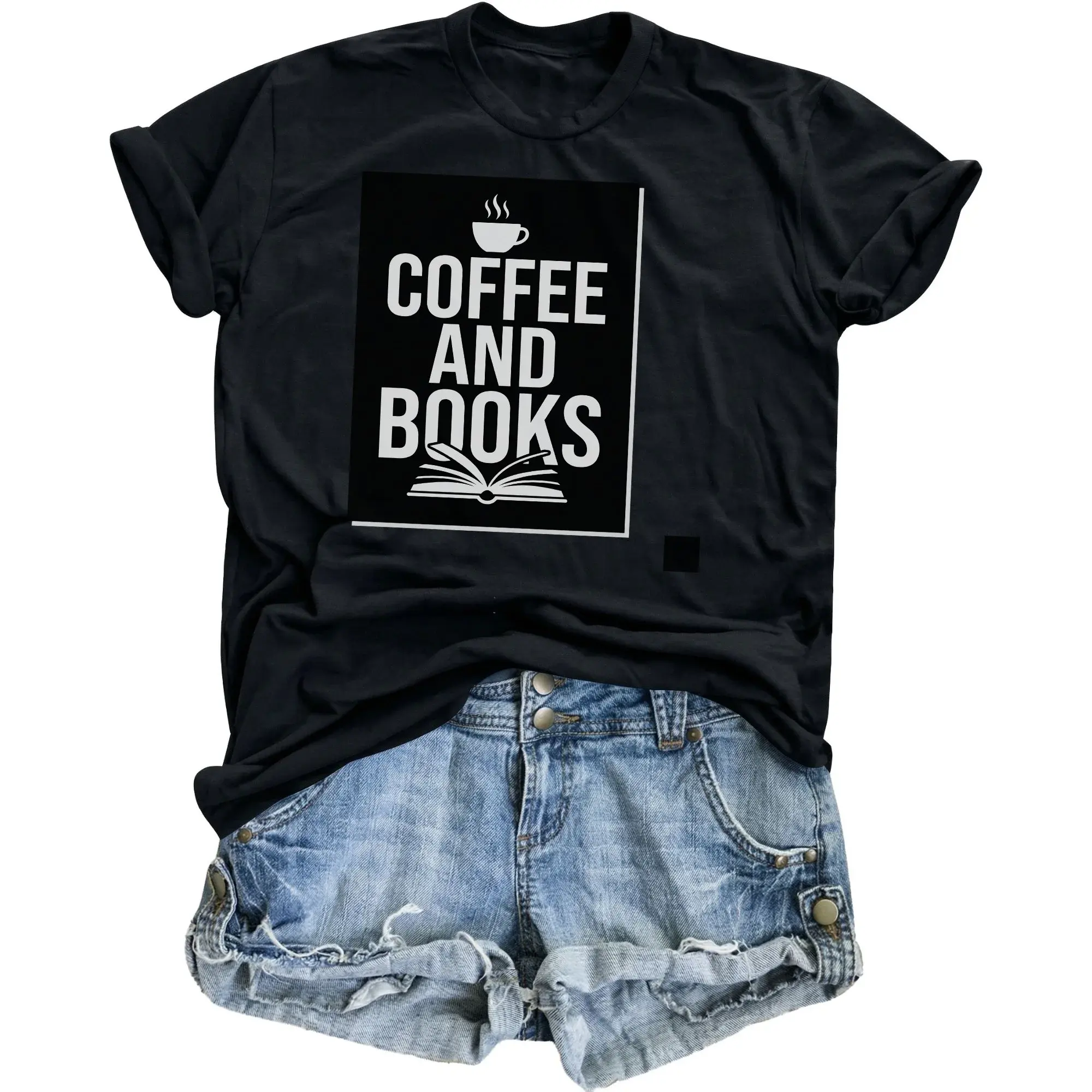 Graphic Tee Coffee and Books Printed Unisex Shirt Casual Cotton Blend Crew Neck Apparel for Readers Lovers