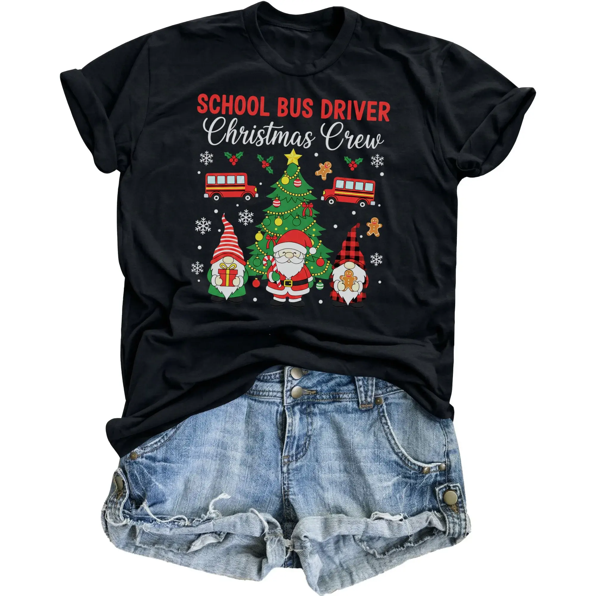 Funny School Bus Christmas Crew Graphic Tee Holiday Gnomes Tree Print Unisex Short Sleeve Neck T-Shirt