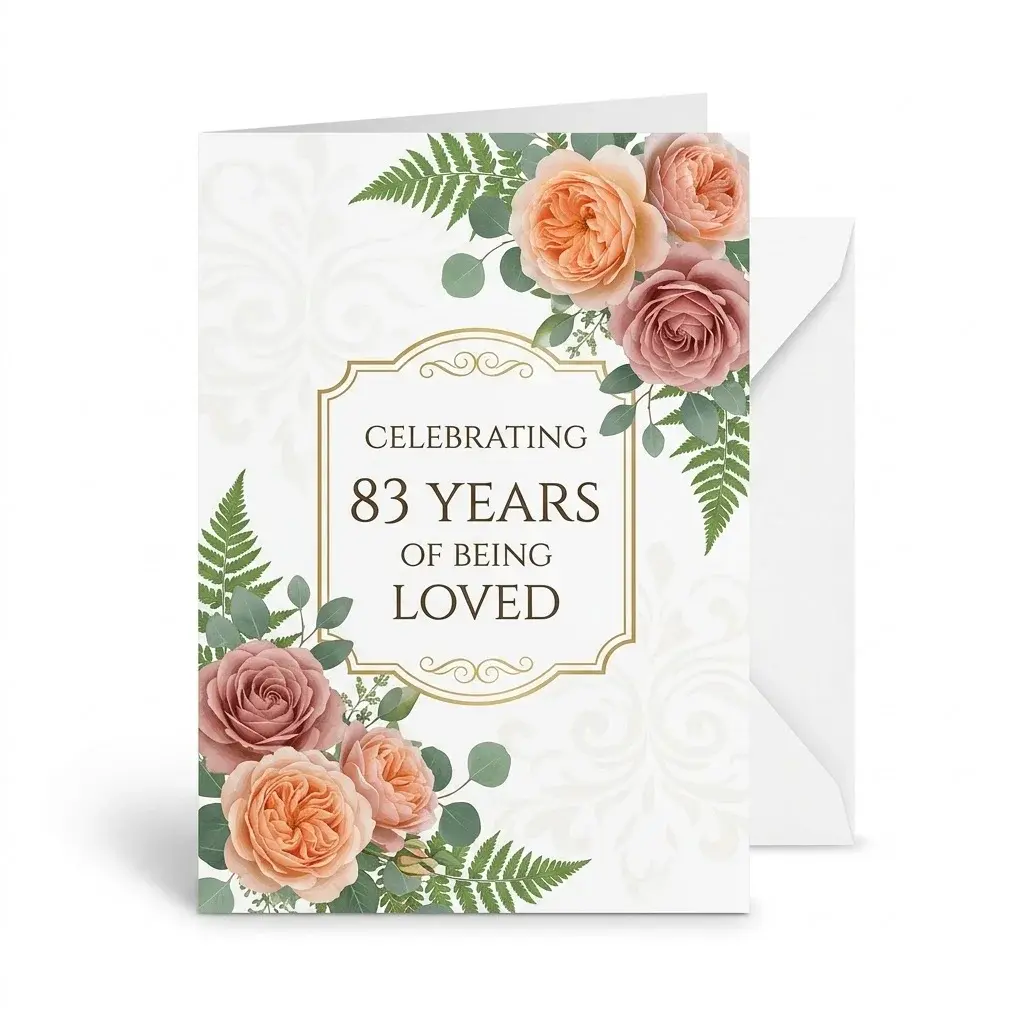 Birthday Greeting Card Celebrating 83 Years Of Being Loved Featuring Elegant Floral Wreath Illustration On Premium Cardstock