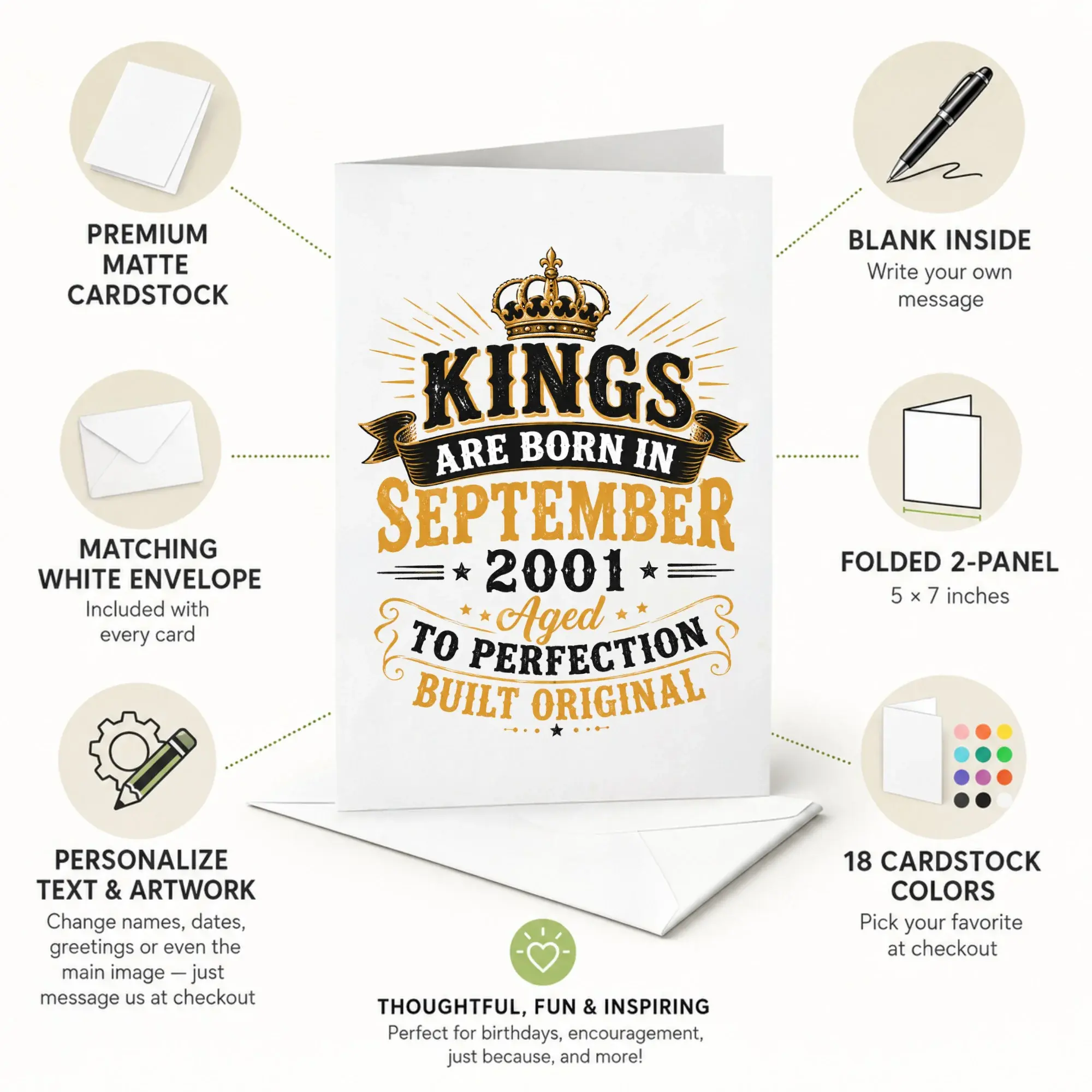 Birthday Card Kings Are Born in September 2001 Aged to Perfection Vintage Crown Design Greeting Card with Envelope