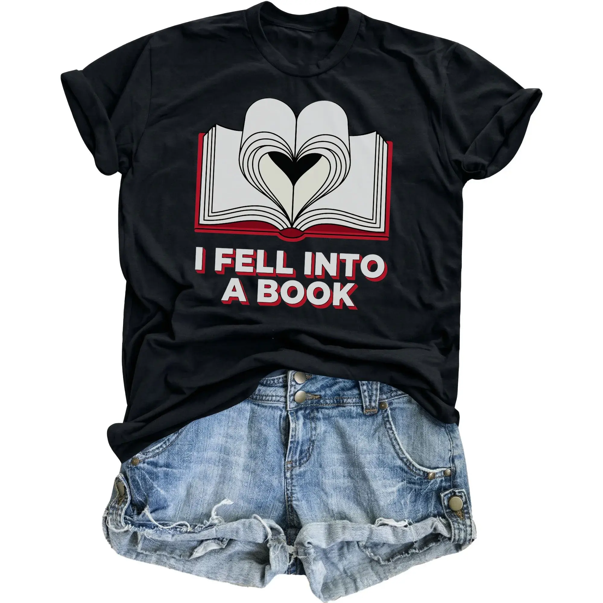 T-shirt I Fell into a Book Funny Reading Graphic Tee for Literature Lovers Casual Unisex Short Sleeve Crewneck Top