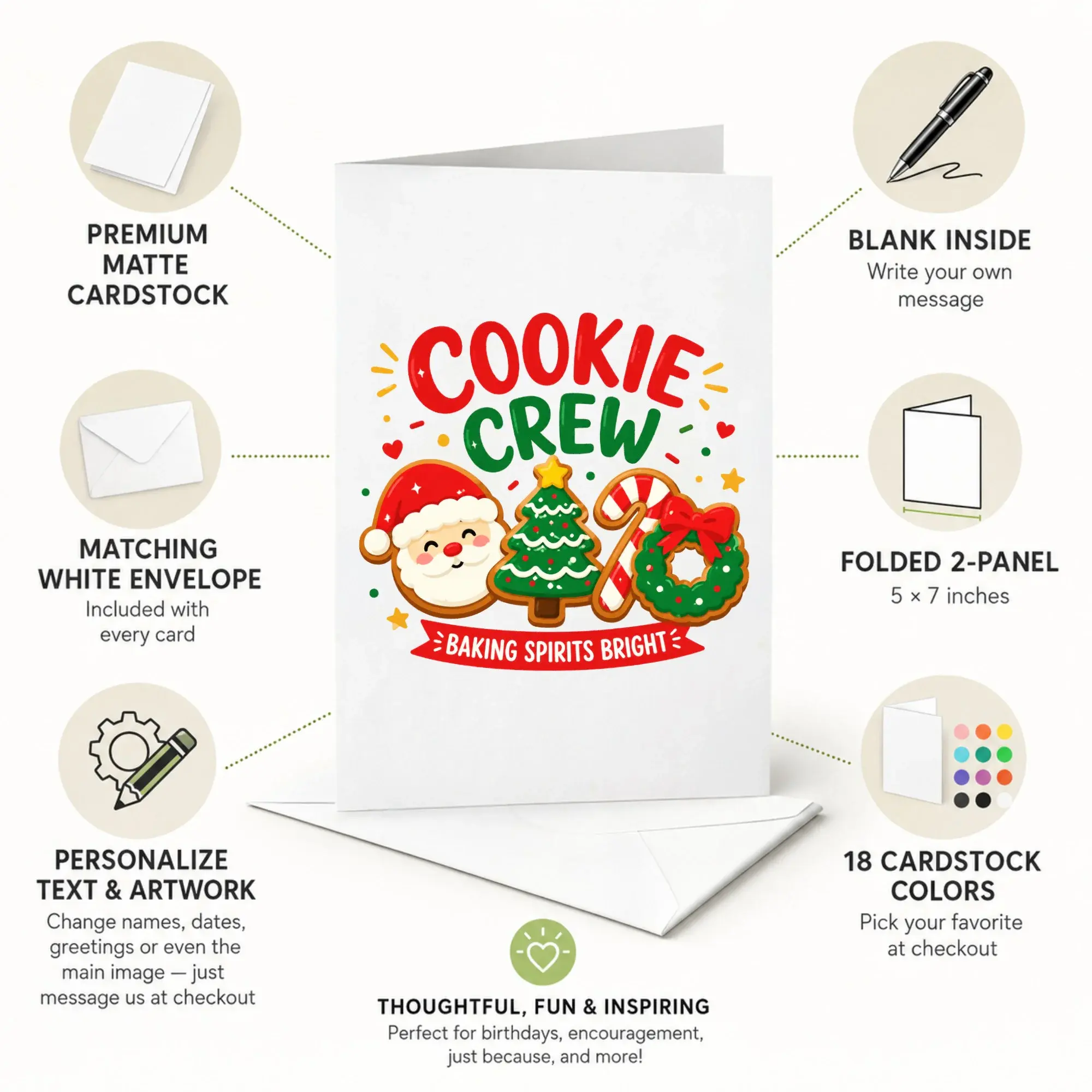 Funny Christmas Greeting Card Cookie Crew Baking Spirits Bright Holiday Note Card for Friends and Family 5x7 Inches