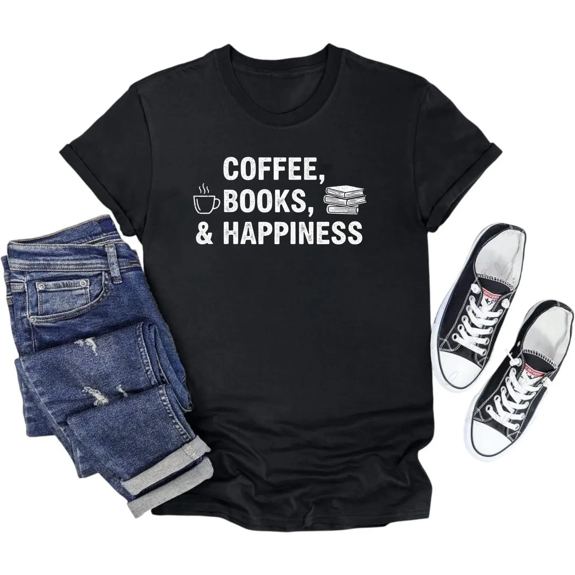 Graphic Tee Coffee Books and Happiness Unisex Casual Crew Neck T-Shirt Soft Cotton Blend Printed Top for Everyday Wear