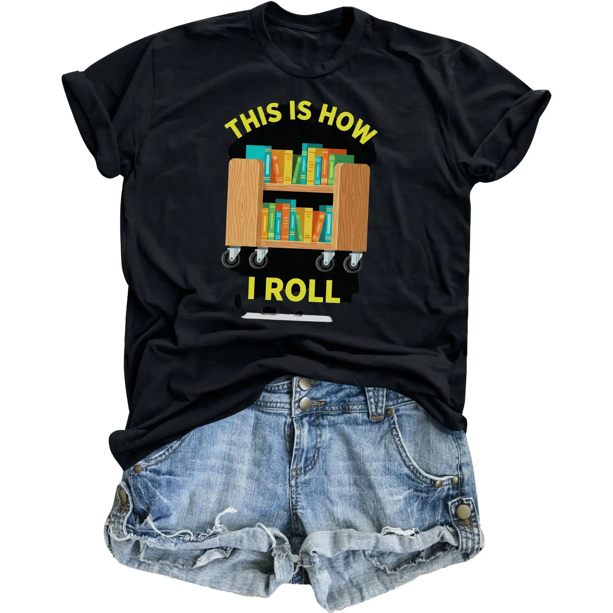Funny Librarian T-Shirt This Is How I Roll Book Cart Graphic Tee Unisex Crew Neck Casual Everyday Apparel Black