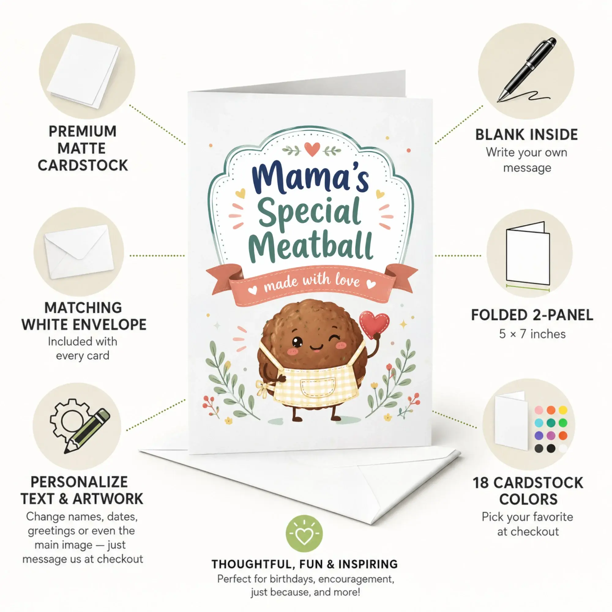 Funny Mama's Special Meatball Greeting Card with Envelope, Whimsical Character Design for Mother's Day and Birthday