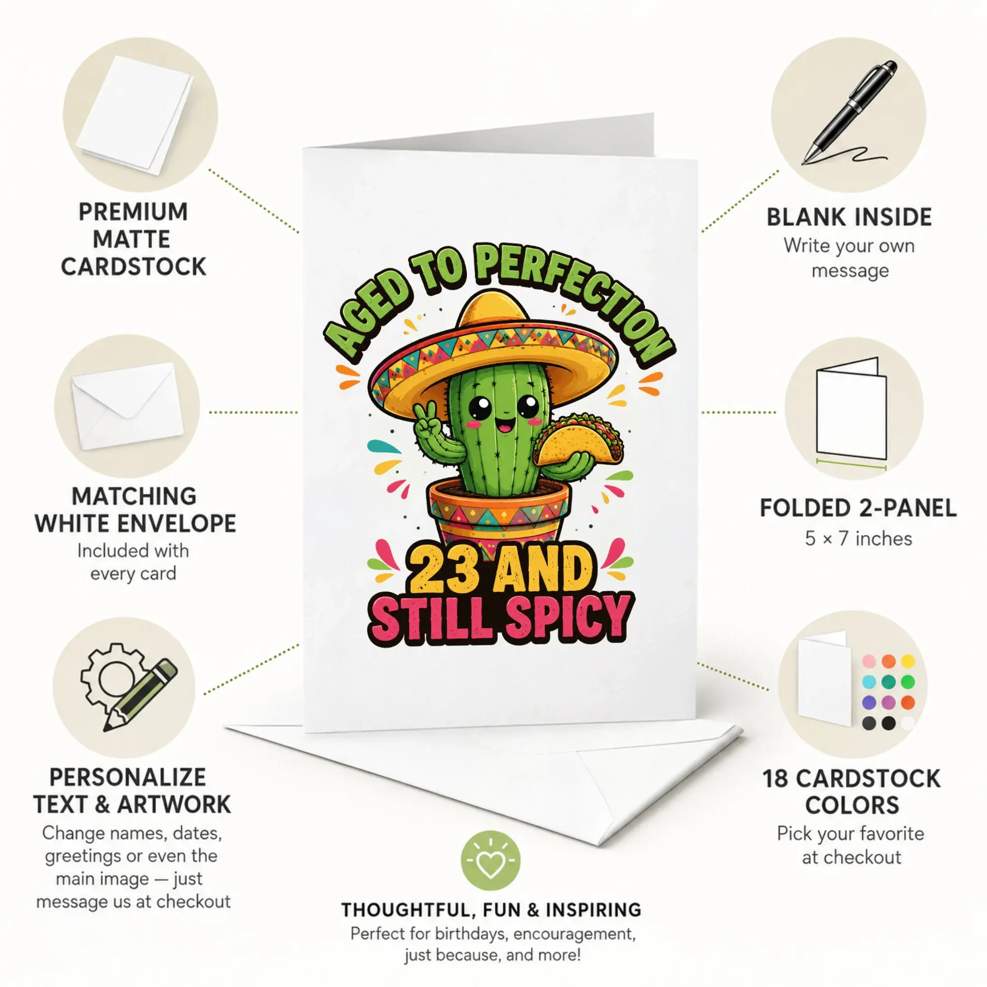 Funny 23rd Birthday Greeting Card Aged to Perfection Cactus Design with Envelope for Twenty-Third Birthday Celebrations