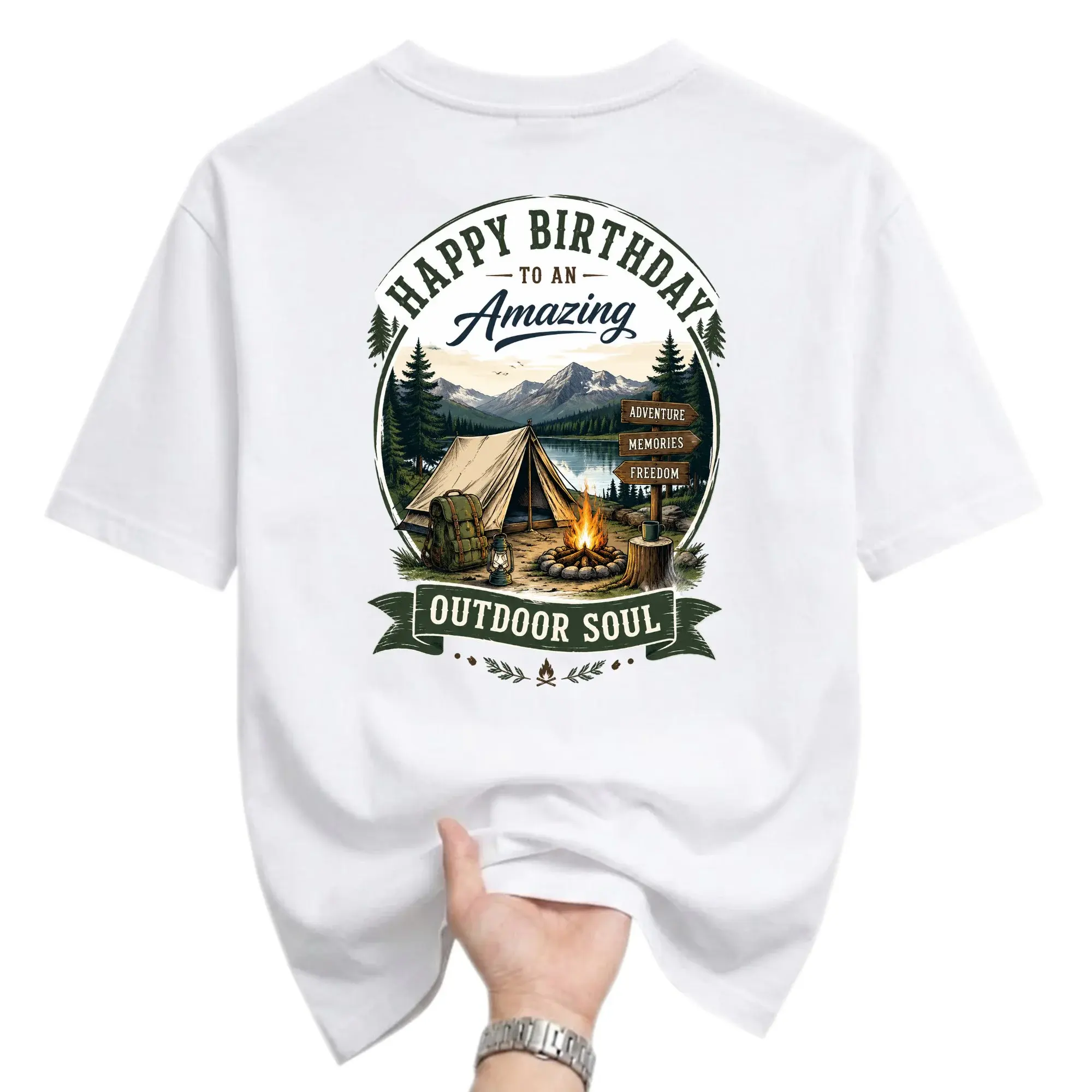 Graphic Tee Happy Birthday Outdoor Camping Adventure Mountain Scenery Unisex Crew Neck Casual Cotton Shirt