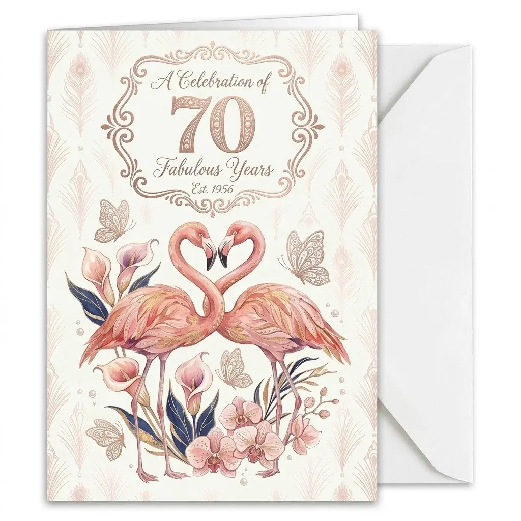 Elegant Birthday Greeting Card with Envelope 70th Birthday Card Pink Flamingo Theme Milestones Card For Women 5x7 Inches