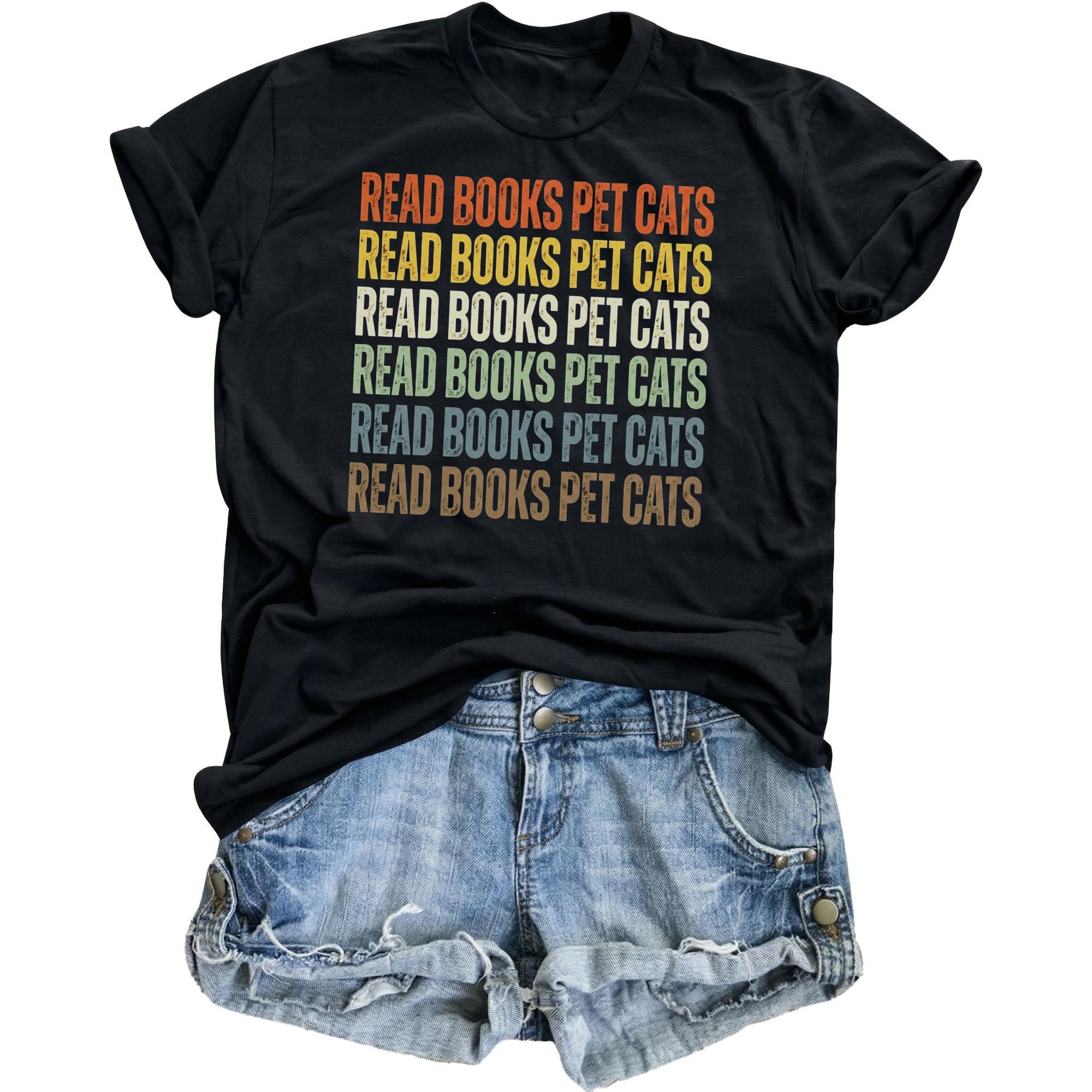 Graphic Tee Read Books Pet Cats Unisex Shirt Retro Style Typography Casual Short Sleeve Crew Neck Cotton Blend Top