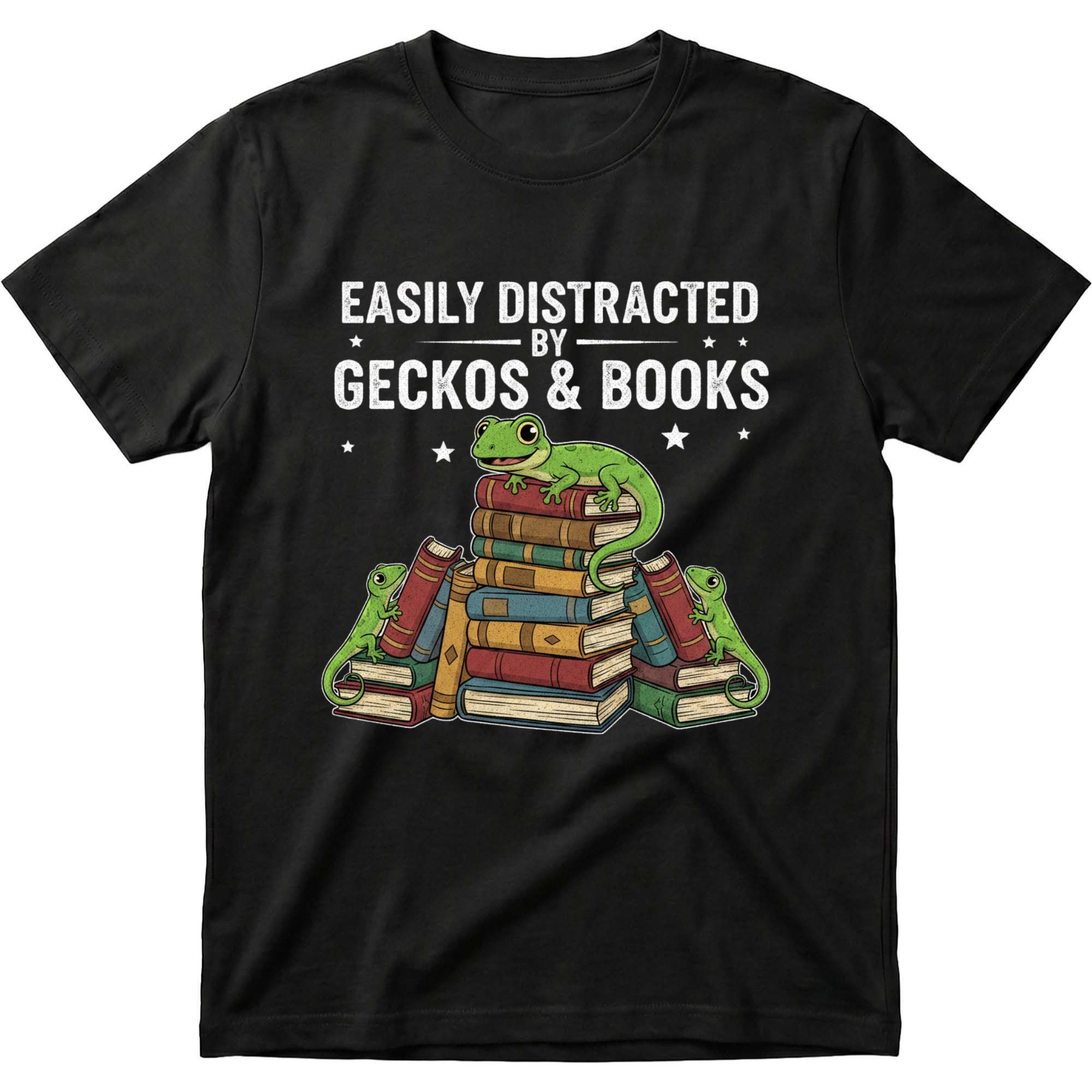 Funny Graphic Tee Easily by Geckos and Books Unisex Crew Neck Casual Shirt for Reptile Reading Lovers