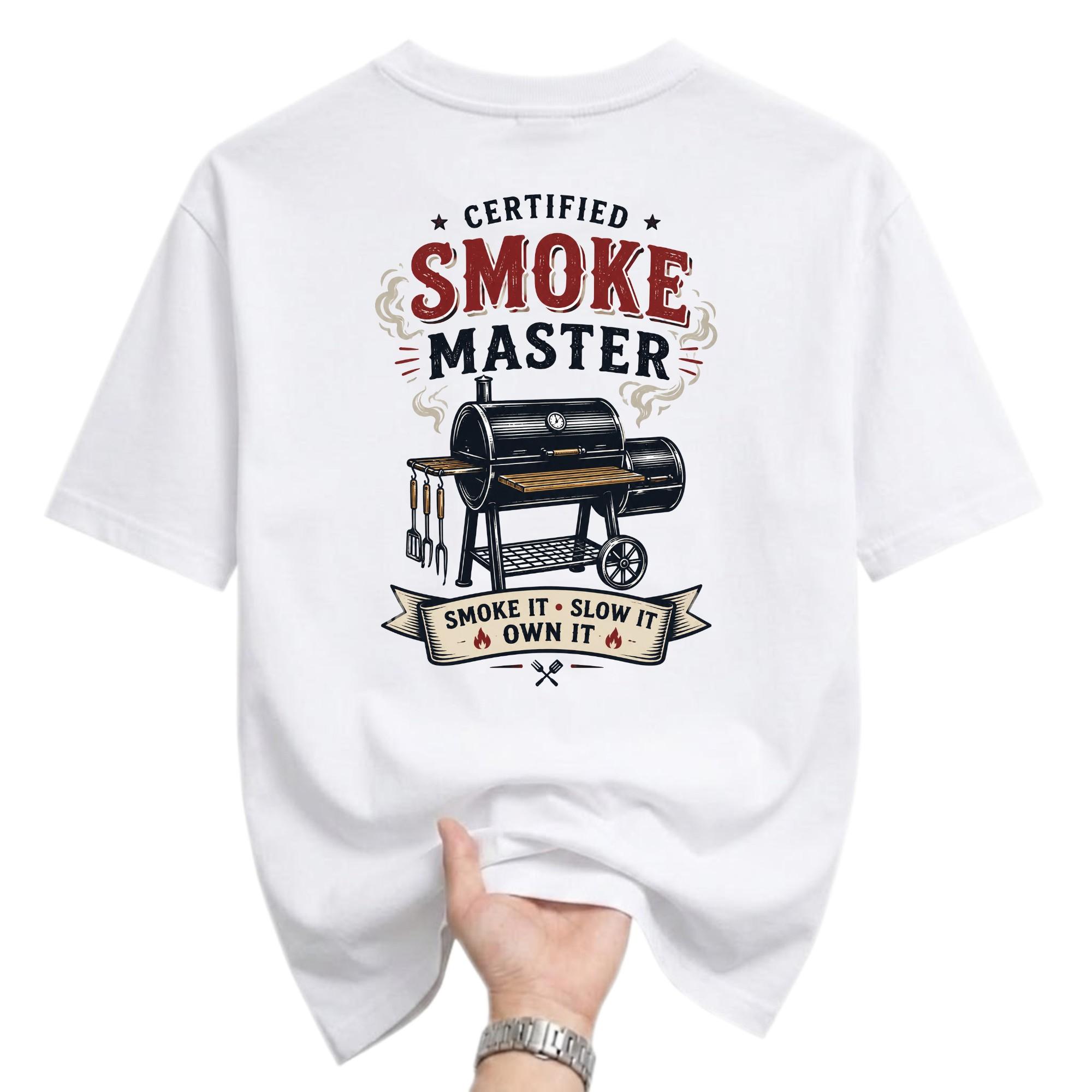 Funny Shirt Certified Smoke Master Barbecue Graphic Tee for Outdoor Cooking Enthusiasts and Grill Lovers White Cotton