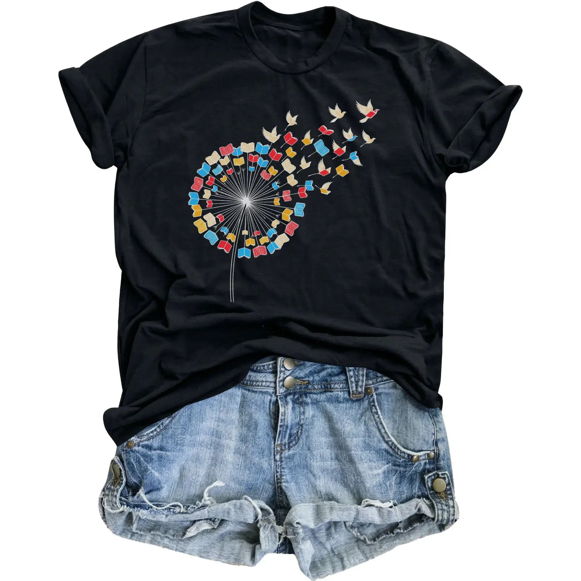Graphic Tee Book Dandelion Art Print Unisex Short Sleeve Crew Neck Cotton Casual Everyday Apparel for Lovers