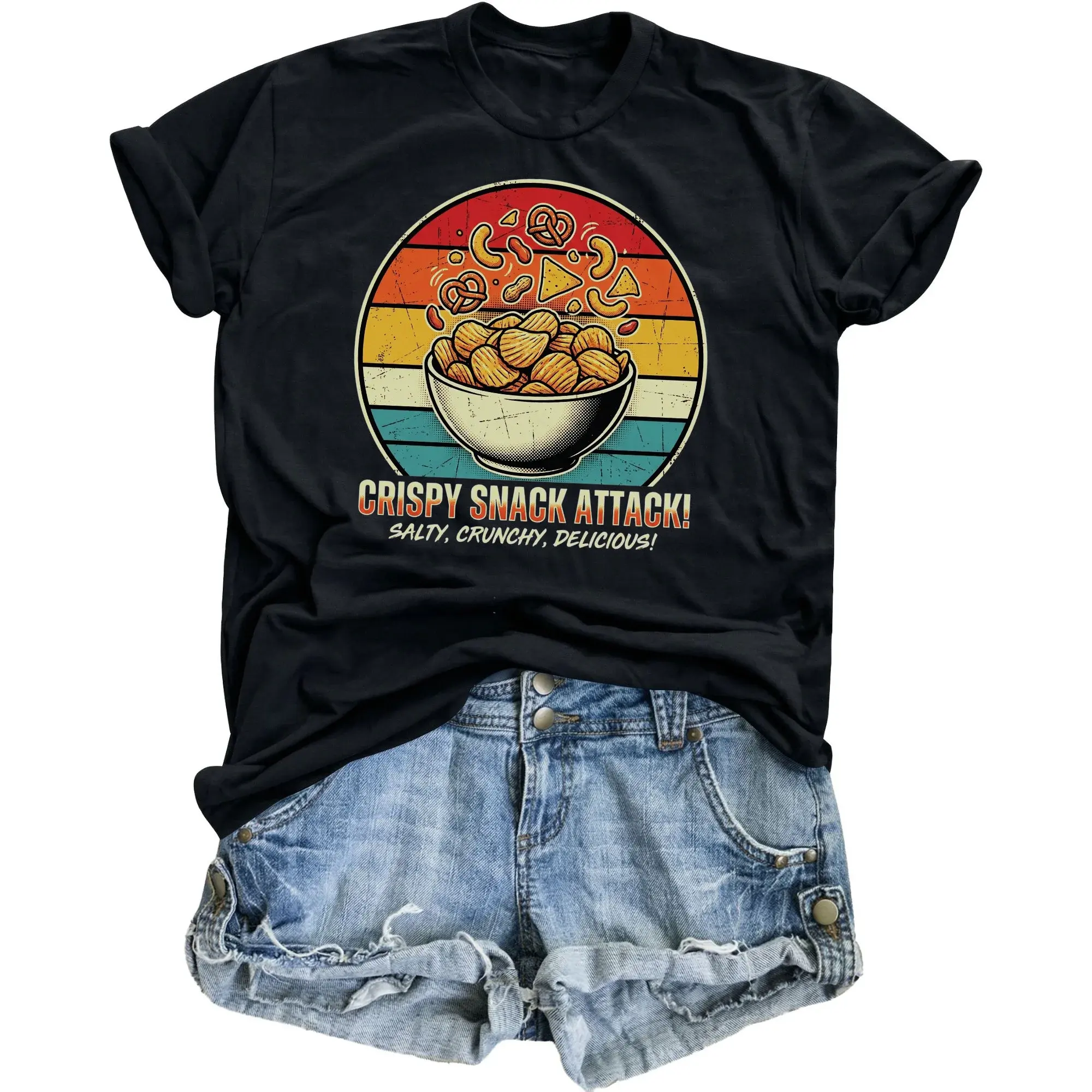 Funny Snack Lover Graphic Tee Vintage Style Crispy Food Unisex Crew Neck Cotton Blend T-Shirt Casual Apparel