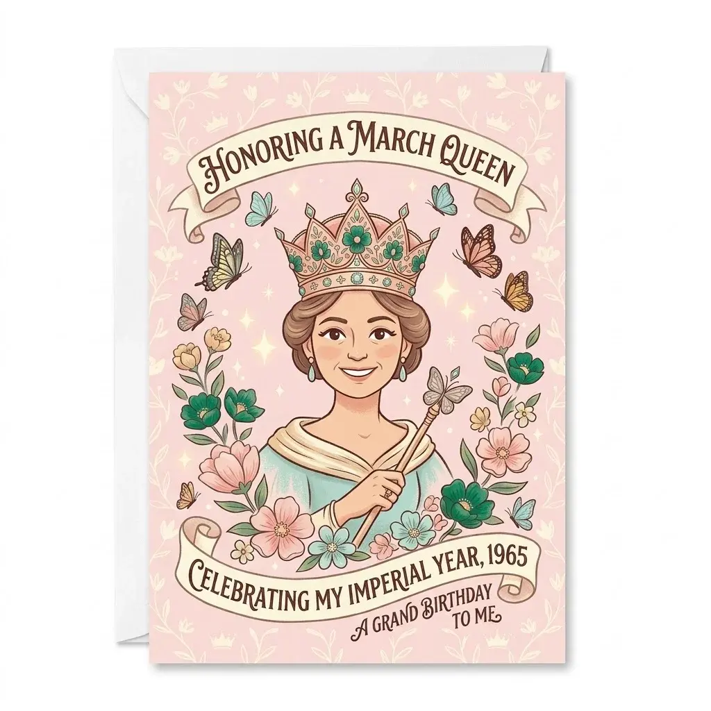 Birthday Greeting Card Honoring A March Queen Imperial Year 1965 Illustration Design Folded Note Card With White Envelope
