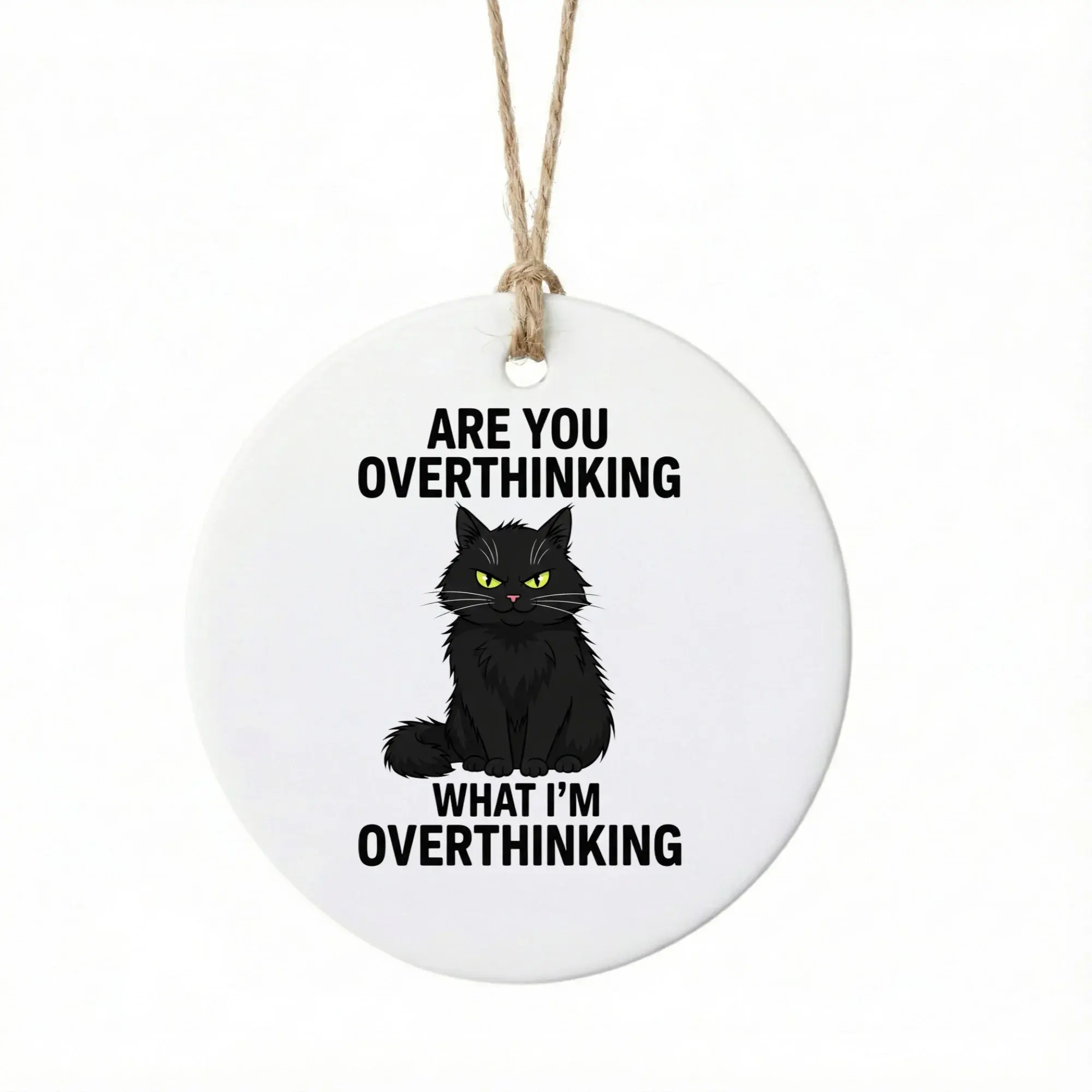Christmas Ornament Funny Black Cat Design Ceramic Keepsake for Holiday Tree Decor Round Glossy Hanging Decoration
