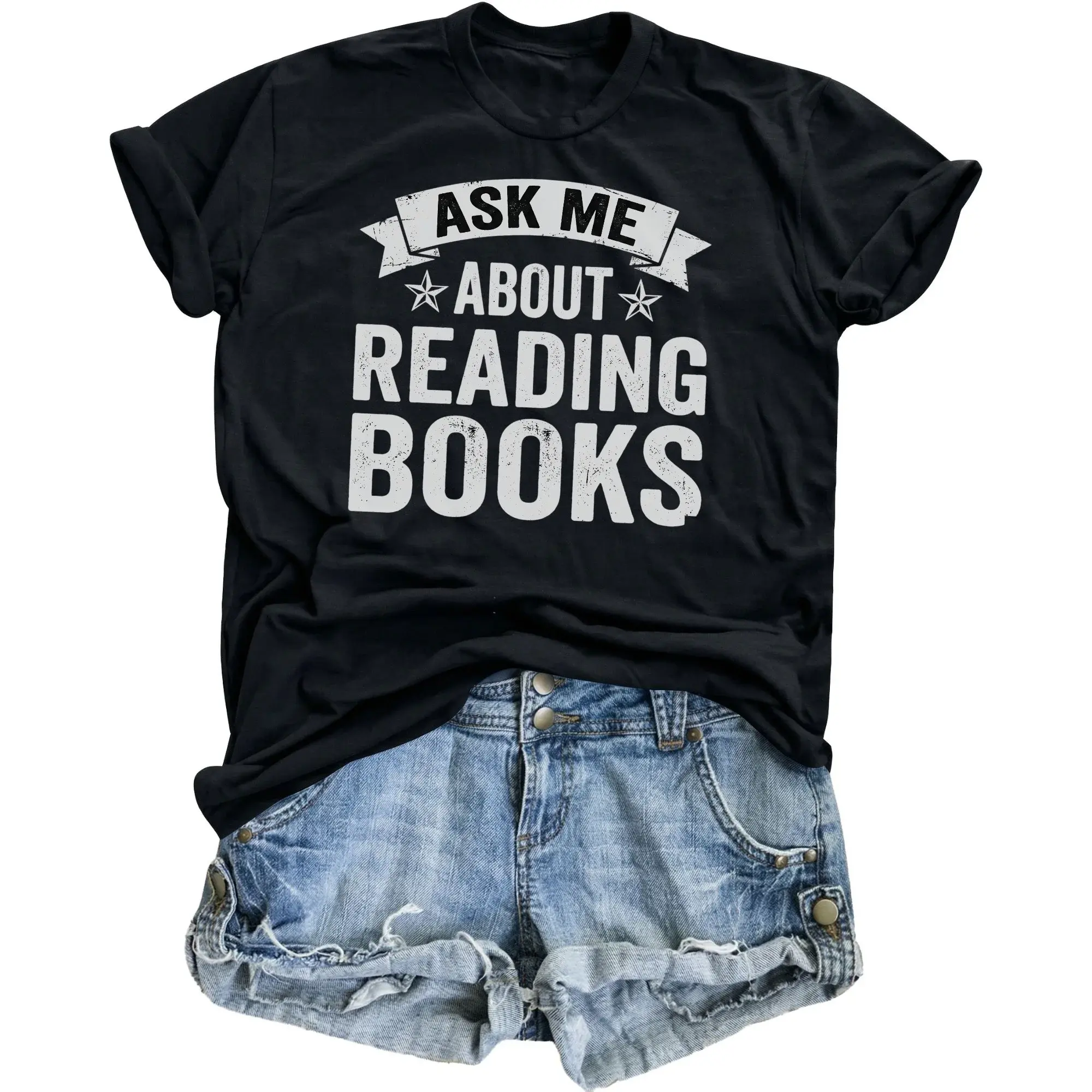 Graphic Tee Ask Me About Reading Books Unisex Crew Neck Shirt Casual Library Enthusiast Reader Apparel Black