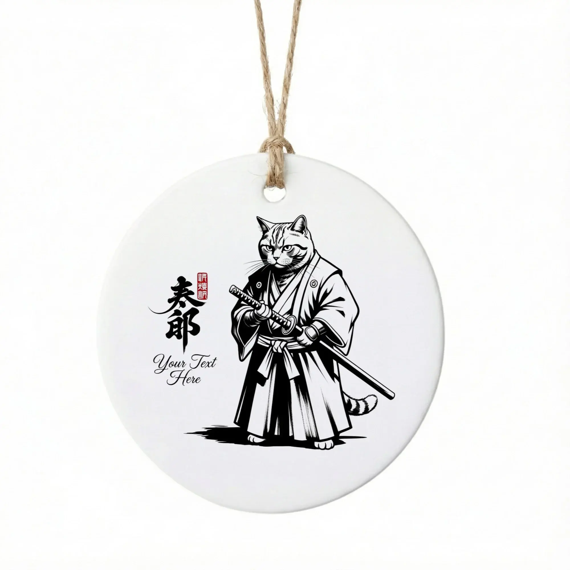 Christmas Ornament Samurai Cat Ceramic Hanging Decoration for Holiday Tree Decor Custom Keepsake Gift