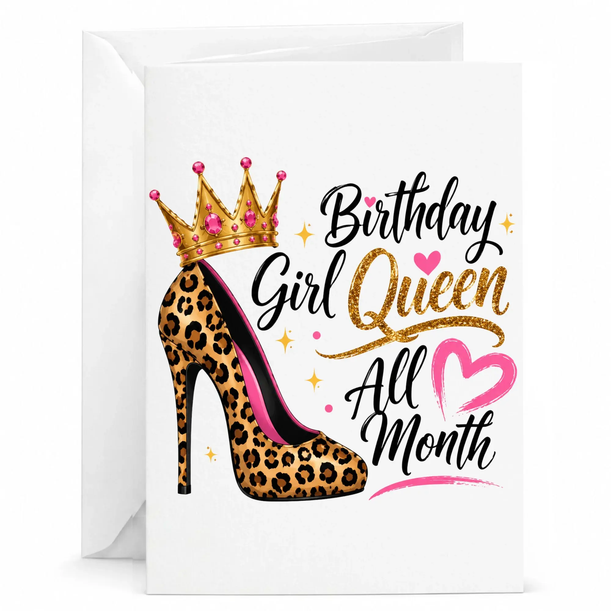 Birthday Card Featuring Leopard Print High Heel and Gold Crown Graphic for Stylish Birthday Celebrations