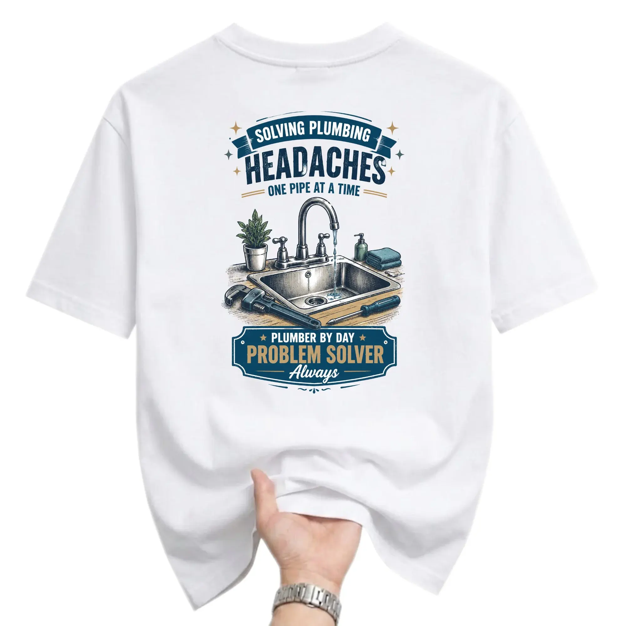 Funny Shirt Solving Plumbing Headaches One Pipe at a Time Graphic Tee for Plumbers and Repair Professionals