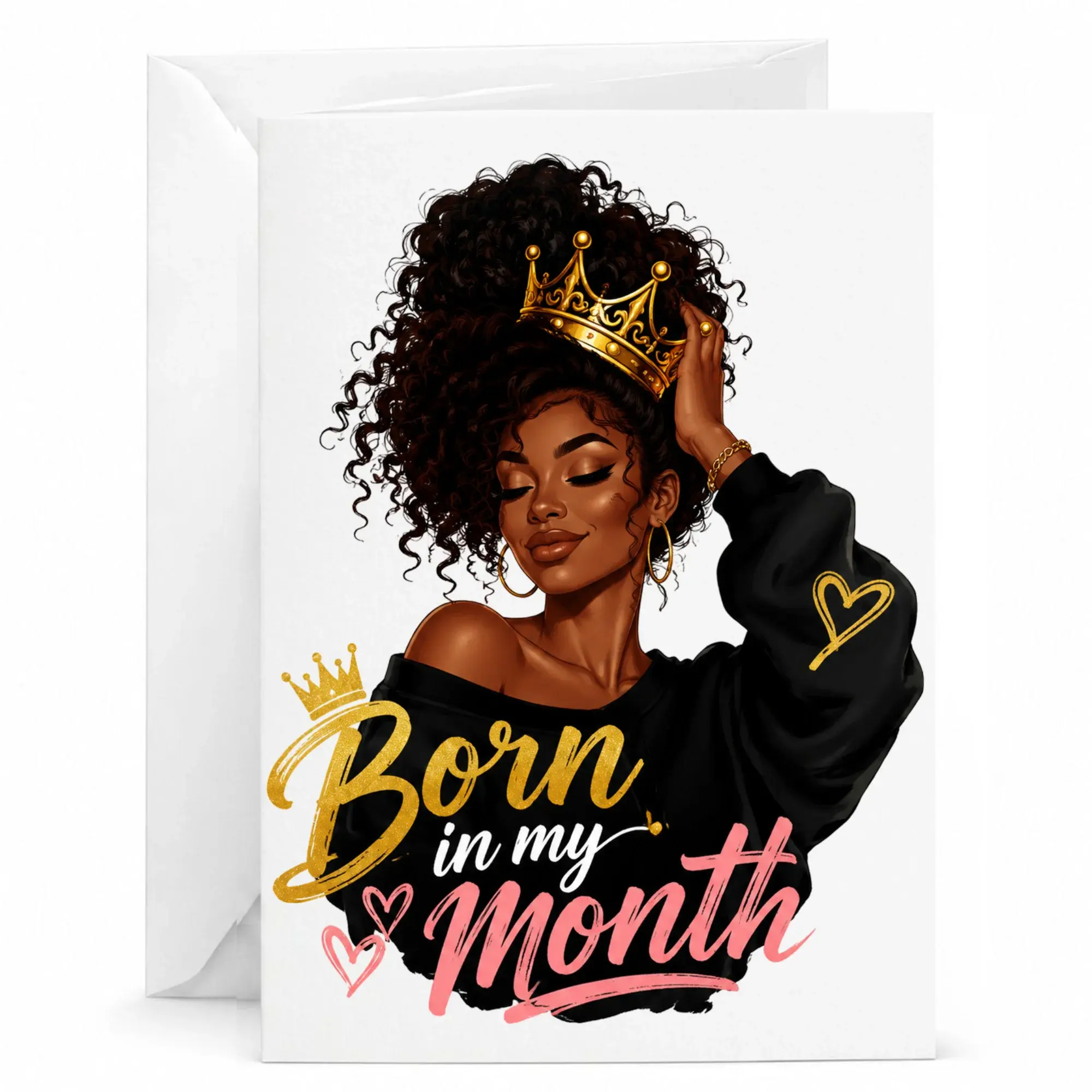 Greeting Card Born in My Month Crown Illustration Elegant Woman Design with Matching White Envelope for Special Occasions