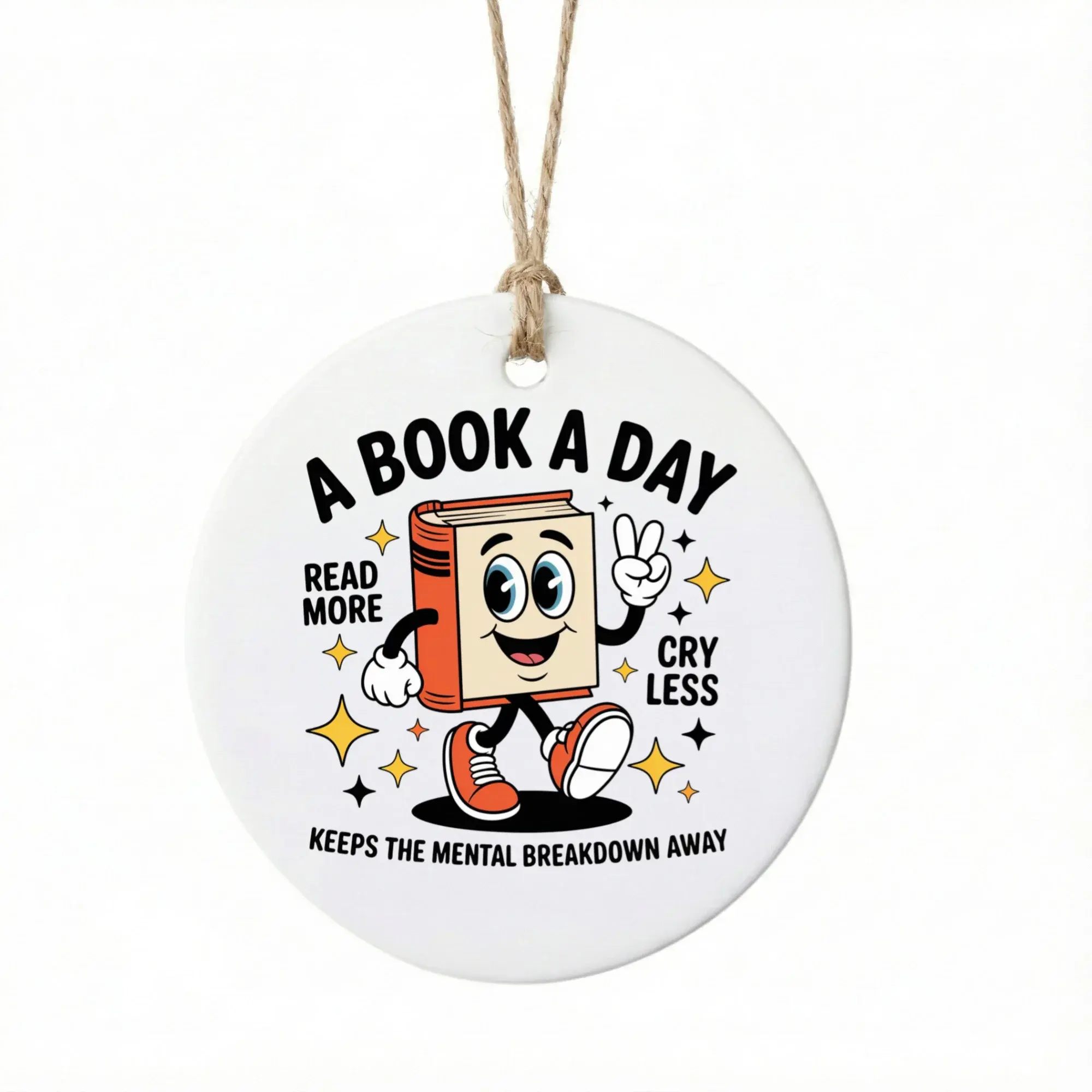 Ceramic Christmas Ornament Funny Book Reader Gift Holiday Tree Decoration Keepsake Round Hanging Ceramic Ornament