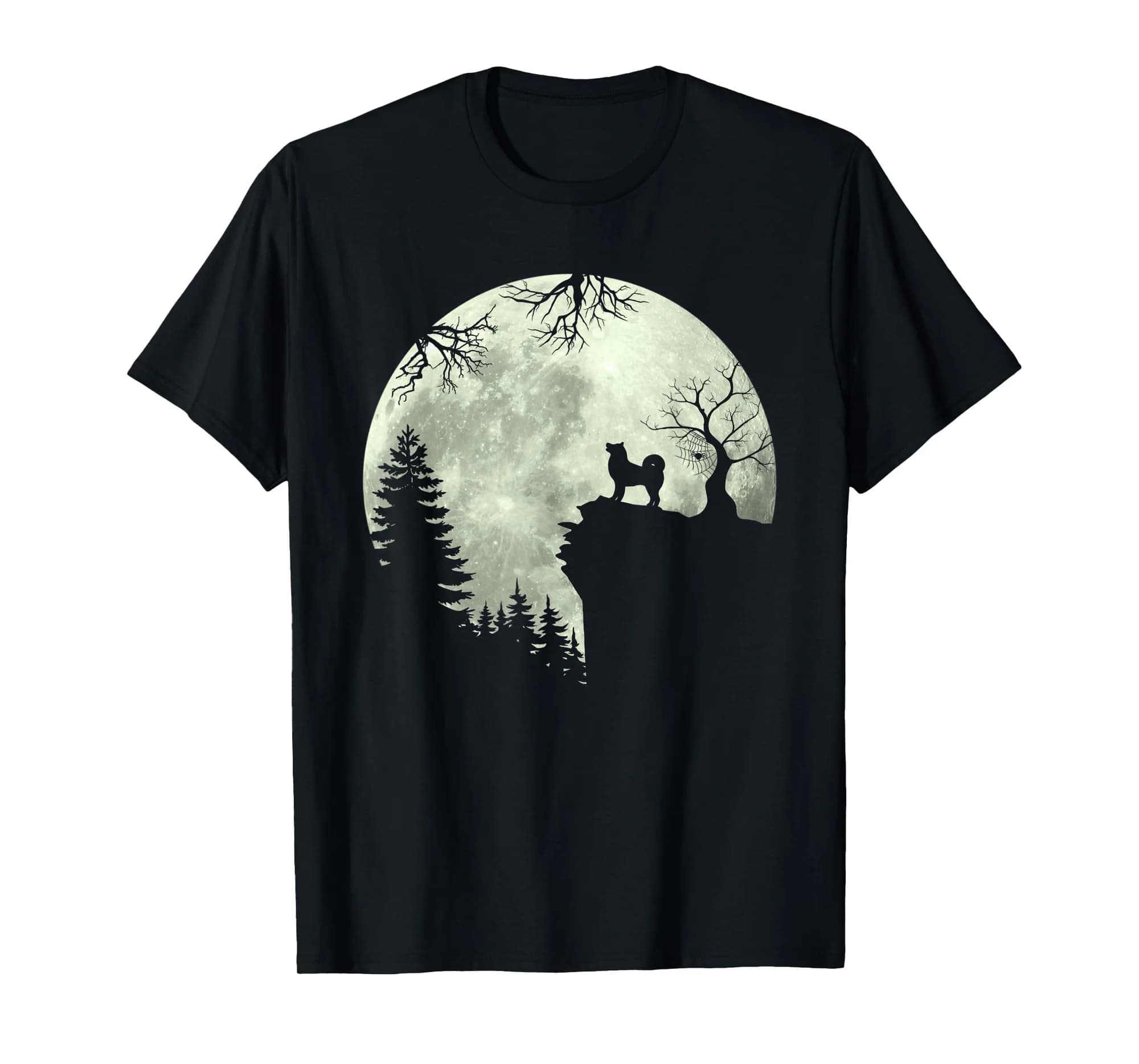 Shiba Inu Dog and Moon Howl In Forest Dog Halloween Party T-Shirt